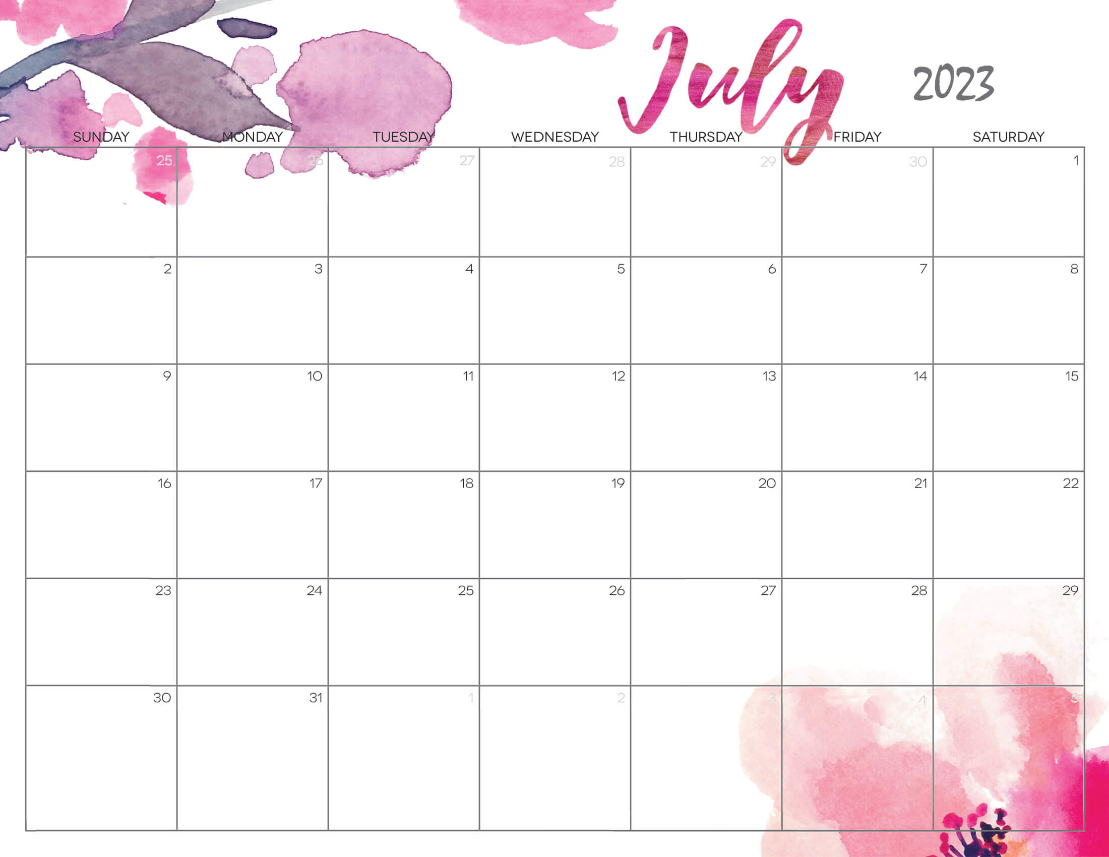 Cute July Calendar 2023 Printable