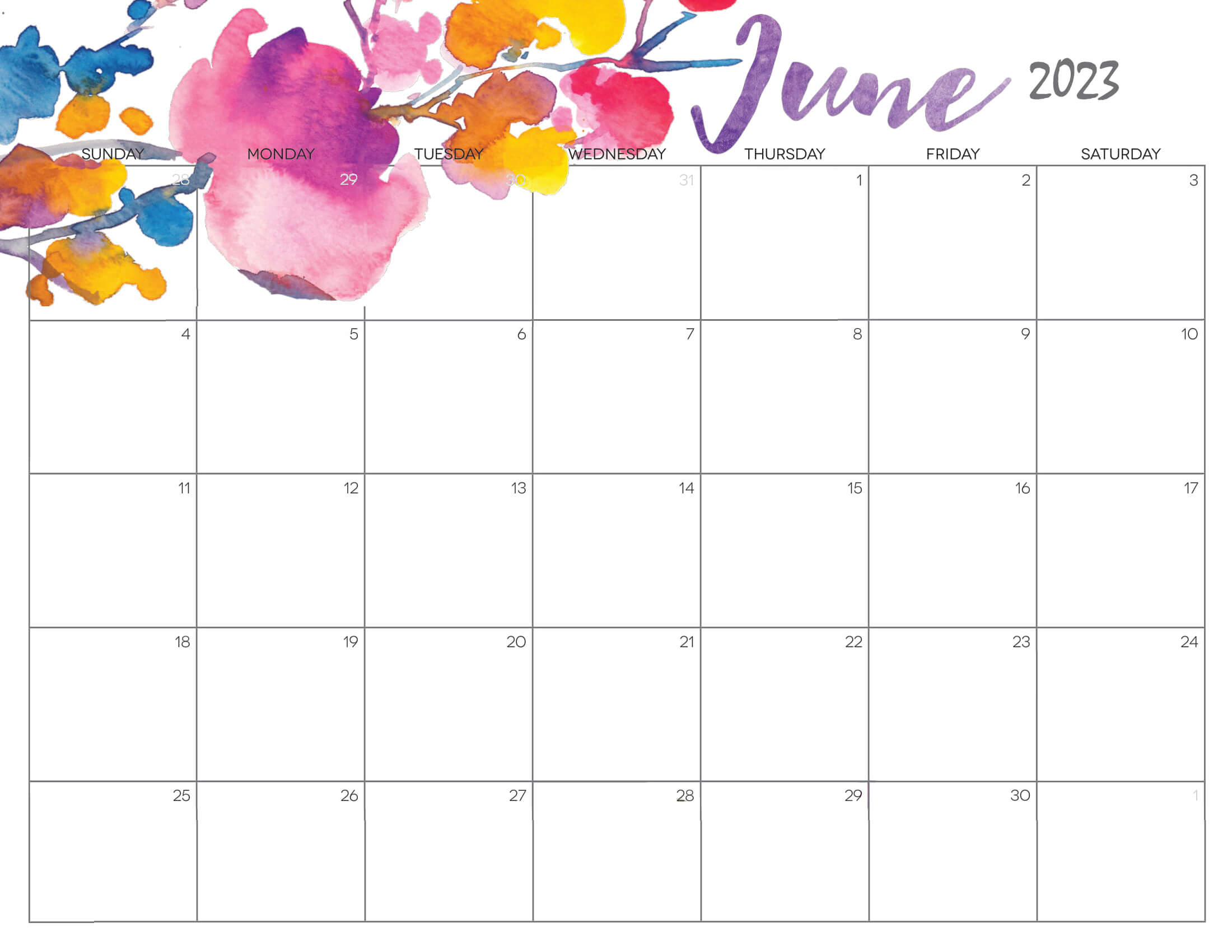 Cute June Calendar 2023 Printable