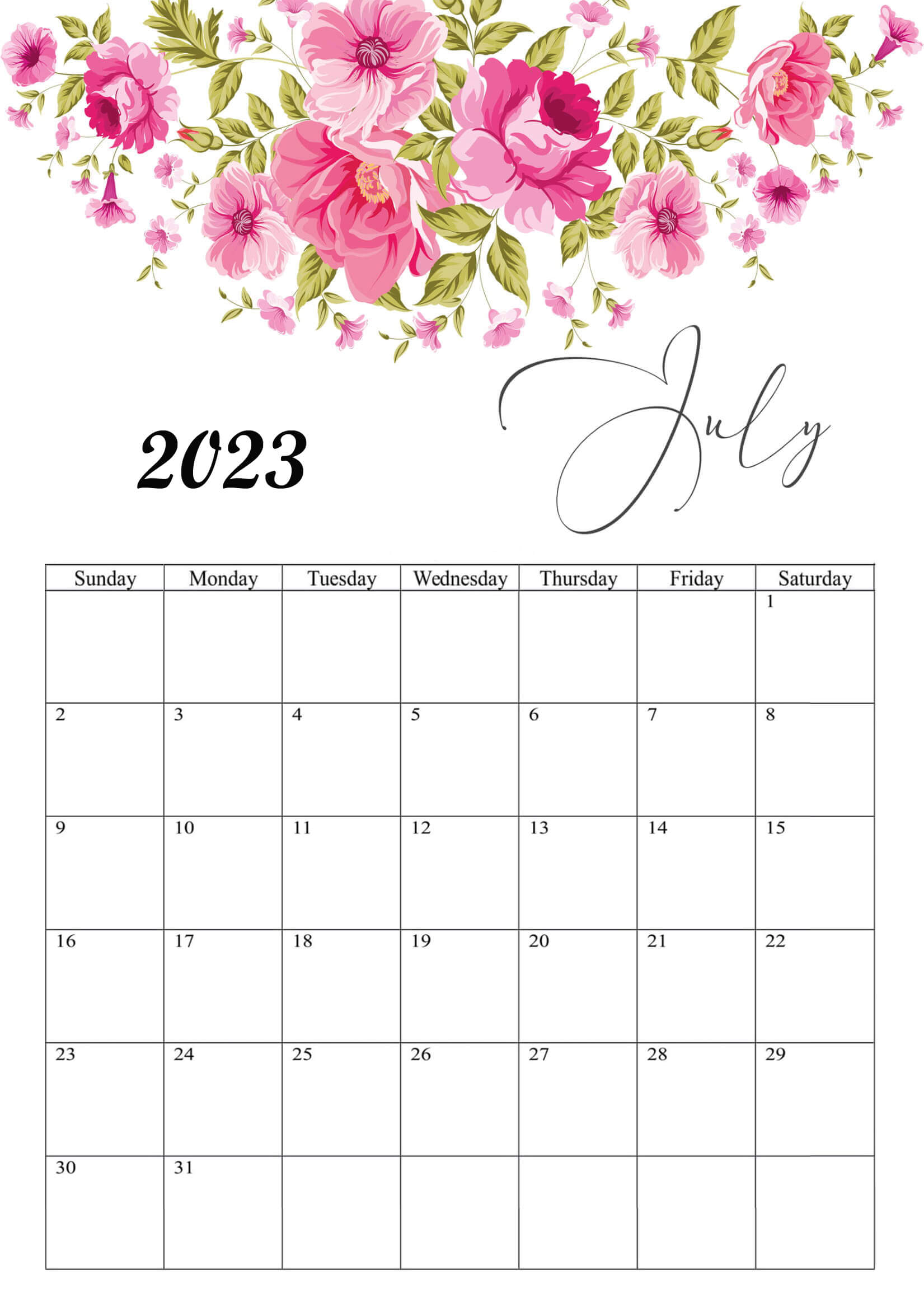 July 2023 Calendar Floral