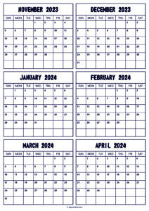 2023 November to 2024 April Calendar