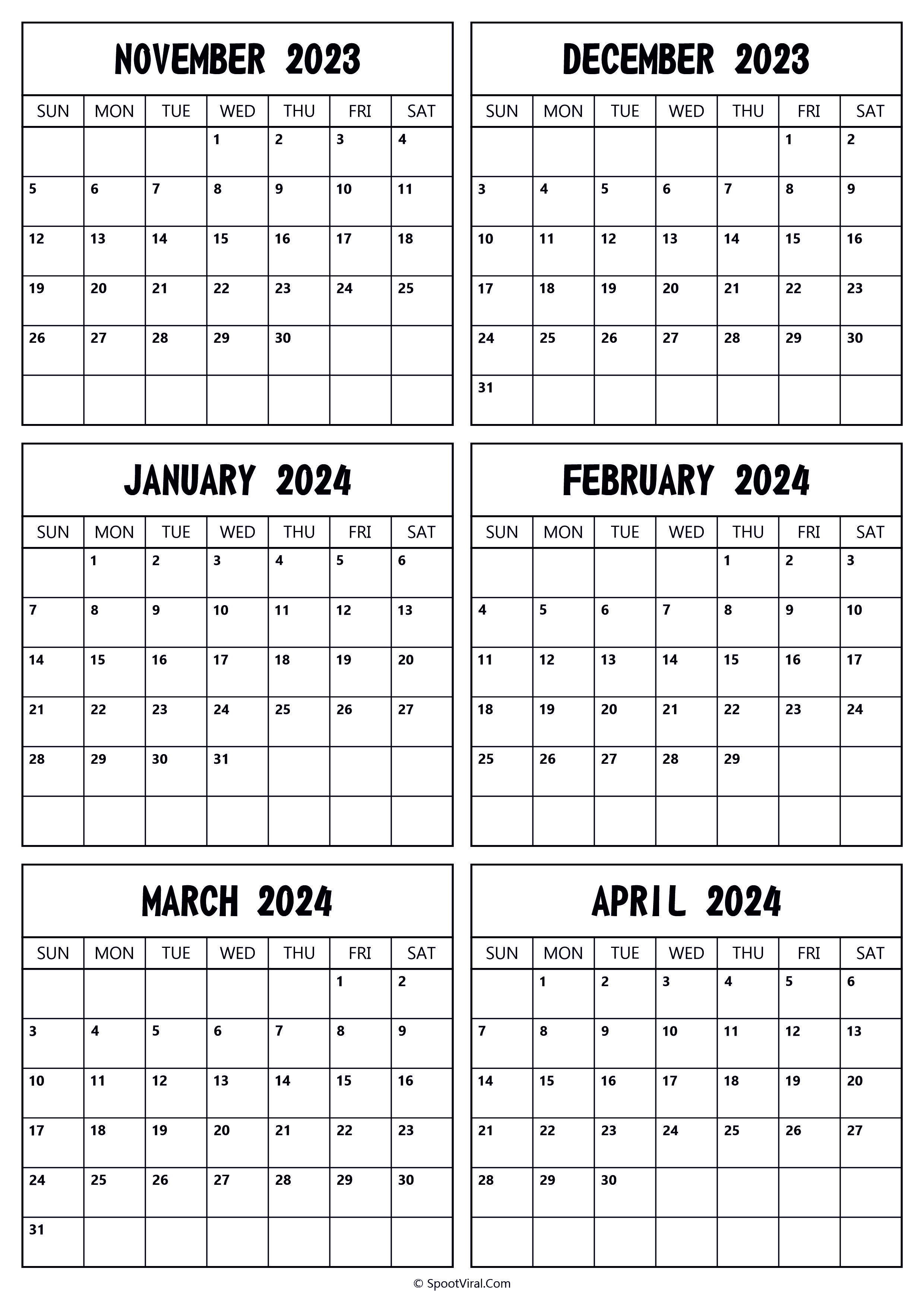 2023 November to 2024 April Calendar