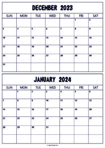 Calendar 2023 December 2024 January