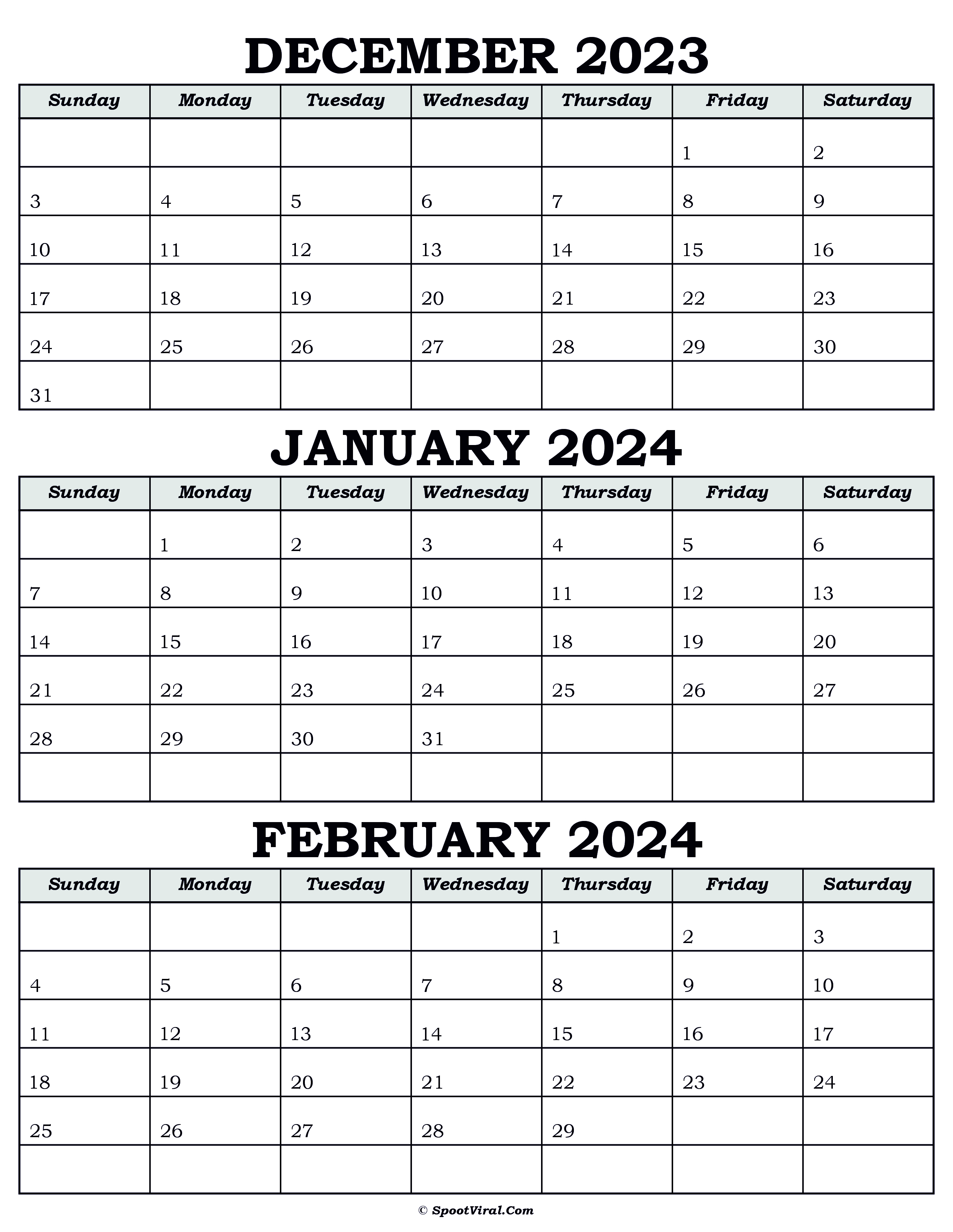 Calendar December 2023 January February 2024