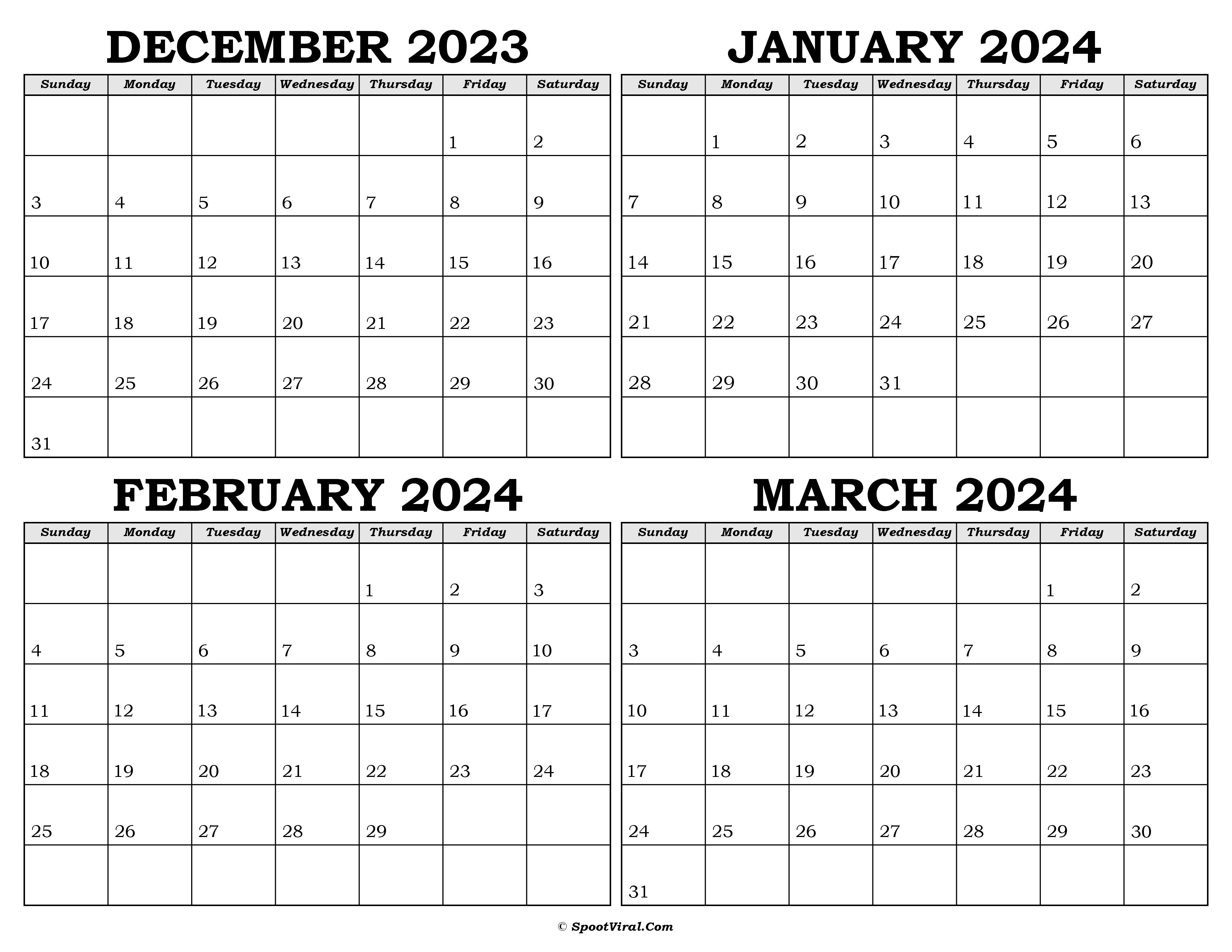 Calendar December 2023 to March 2024