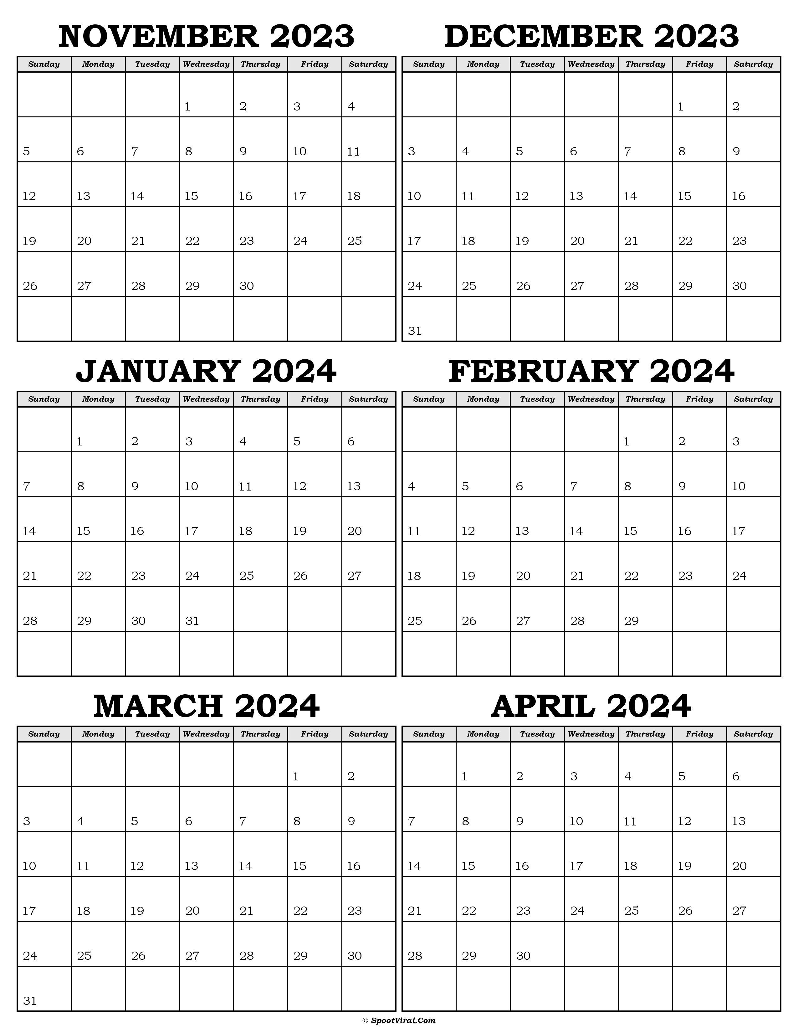 Calendar November 2023 to April 2024