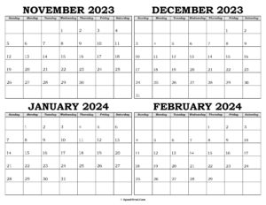 Calendar November 2023 to February 2024