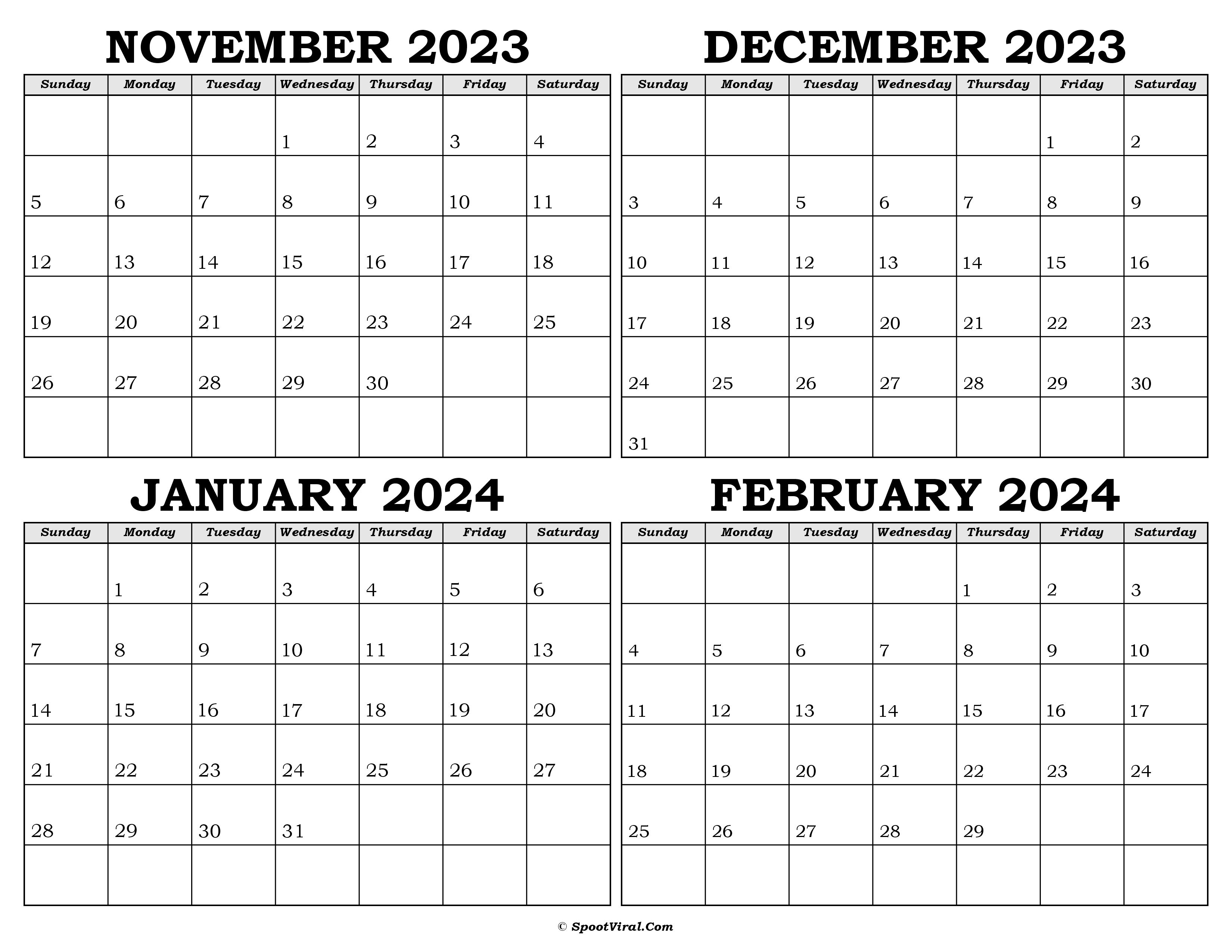 Calendar November 2023 to February 2024
