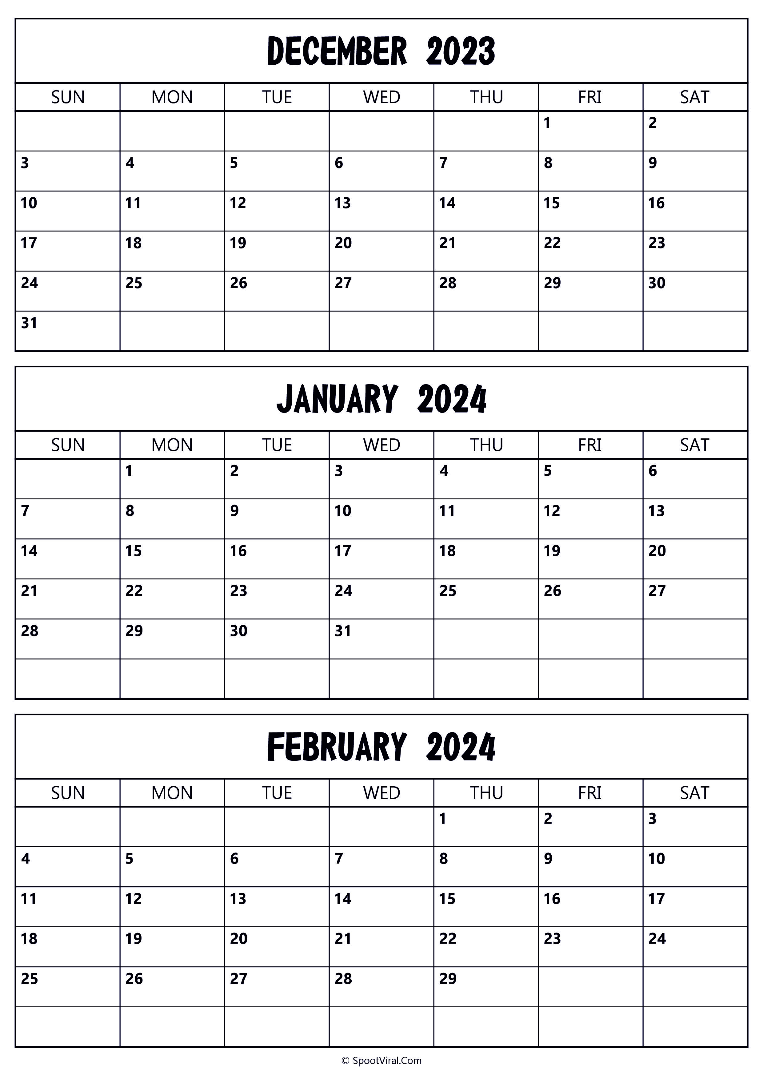 December 2023 to February 2024 Calendar