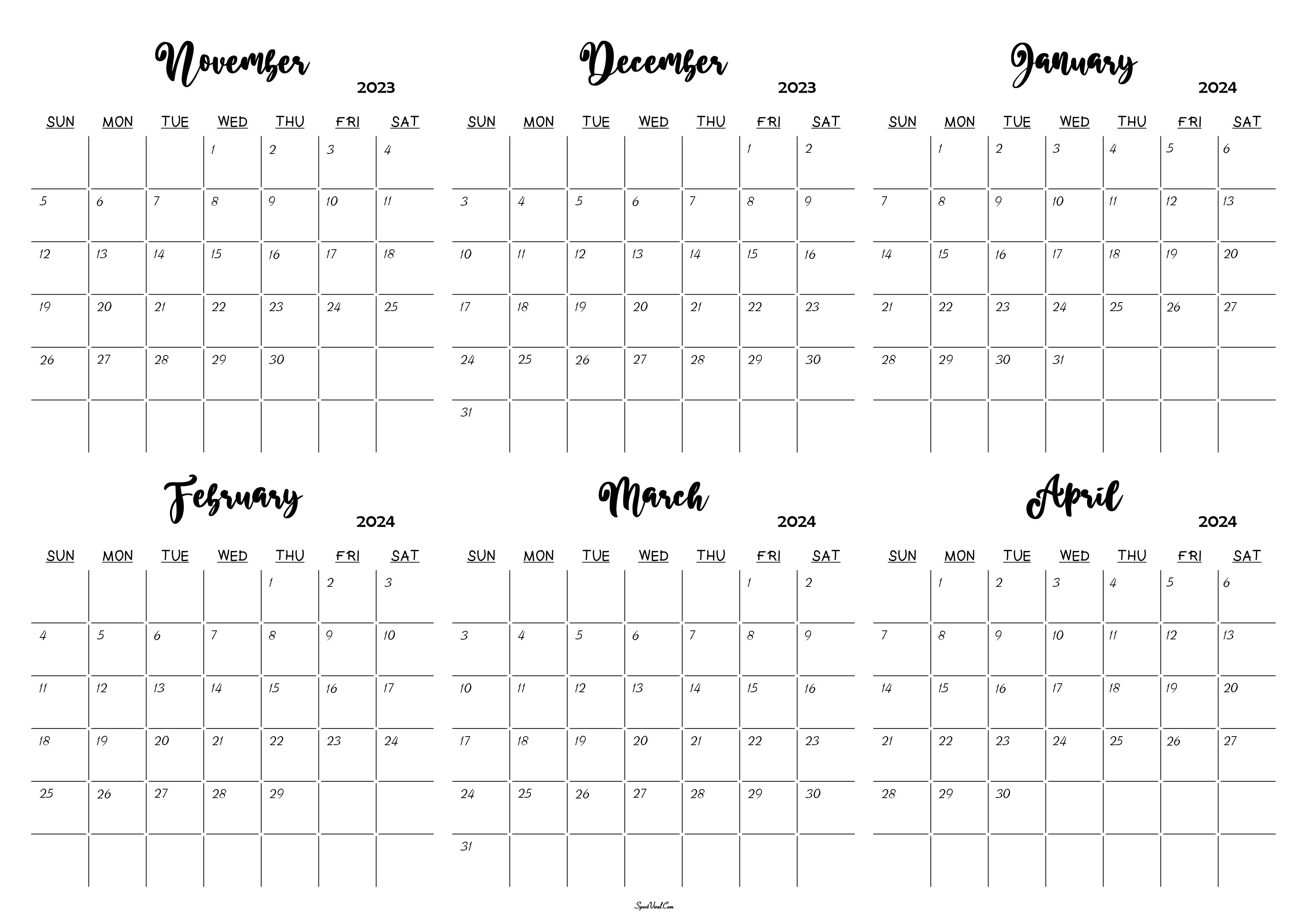 November 2023 to April 2024 Calendar
