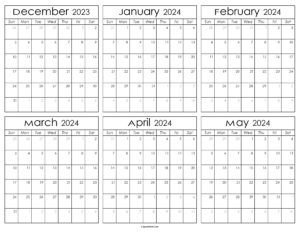 Printable December 2023 to May 2024 Calendar