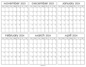 Printable November 2023 to April 2024 Calendar