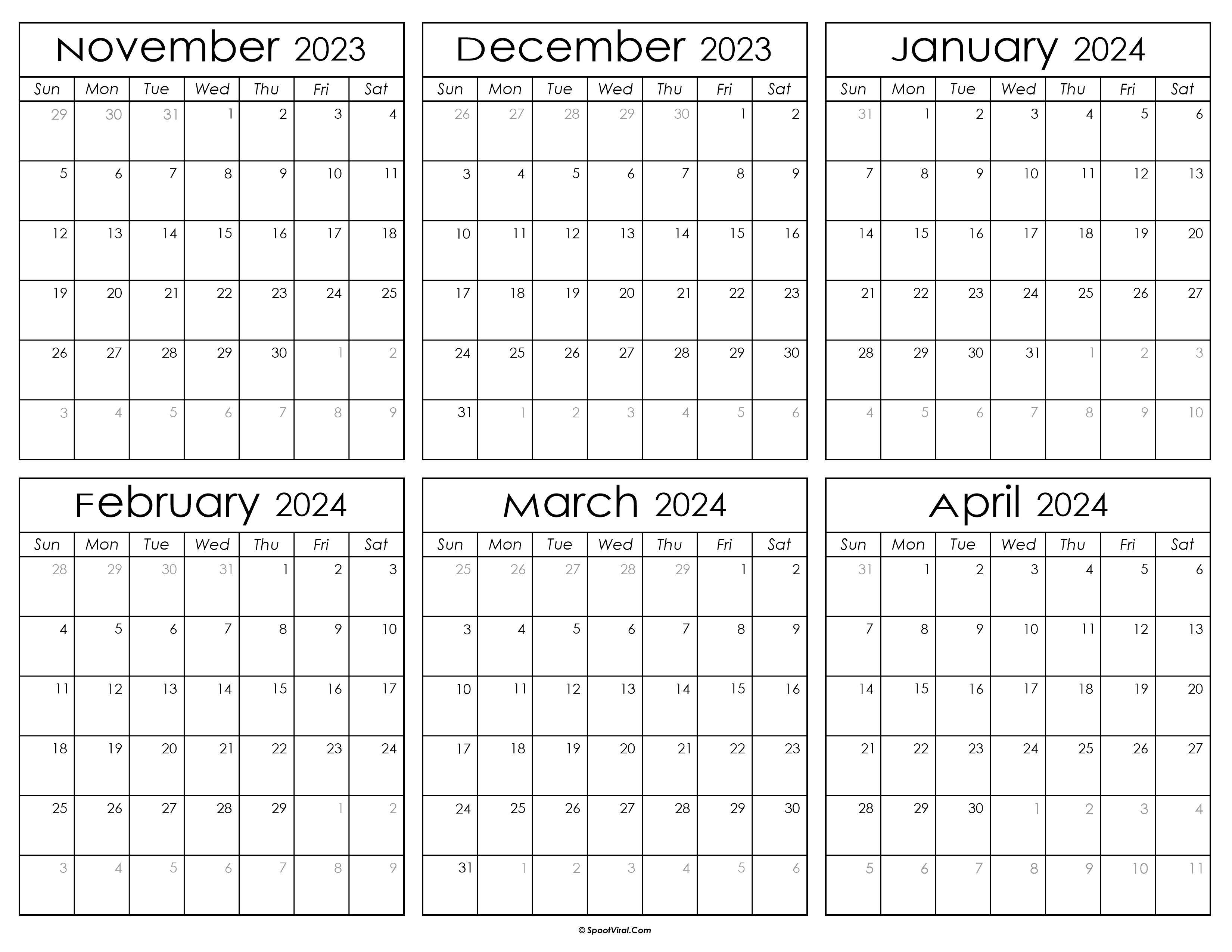 Printable November 2023 to April 2024 Calendar