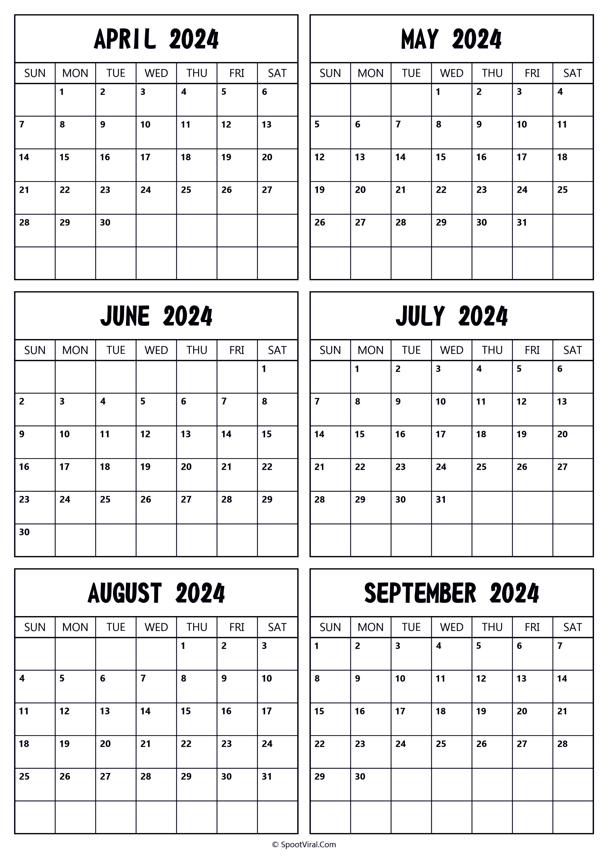 2024 April to September Calendar