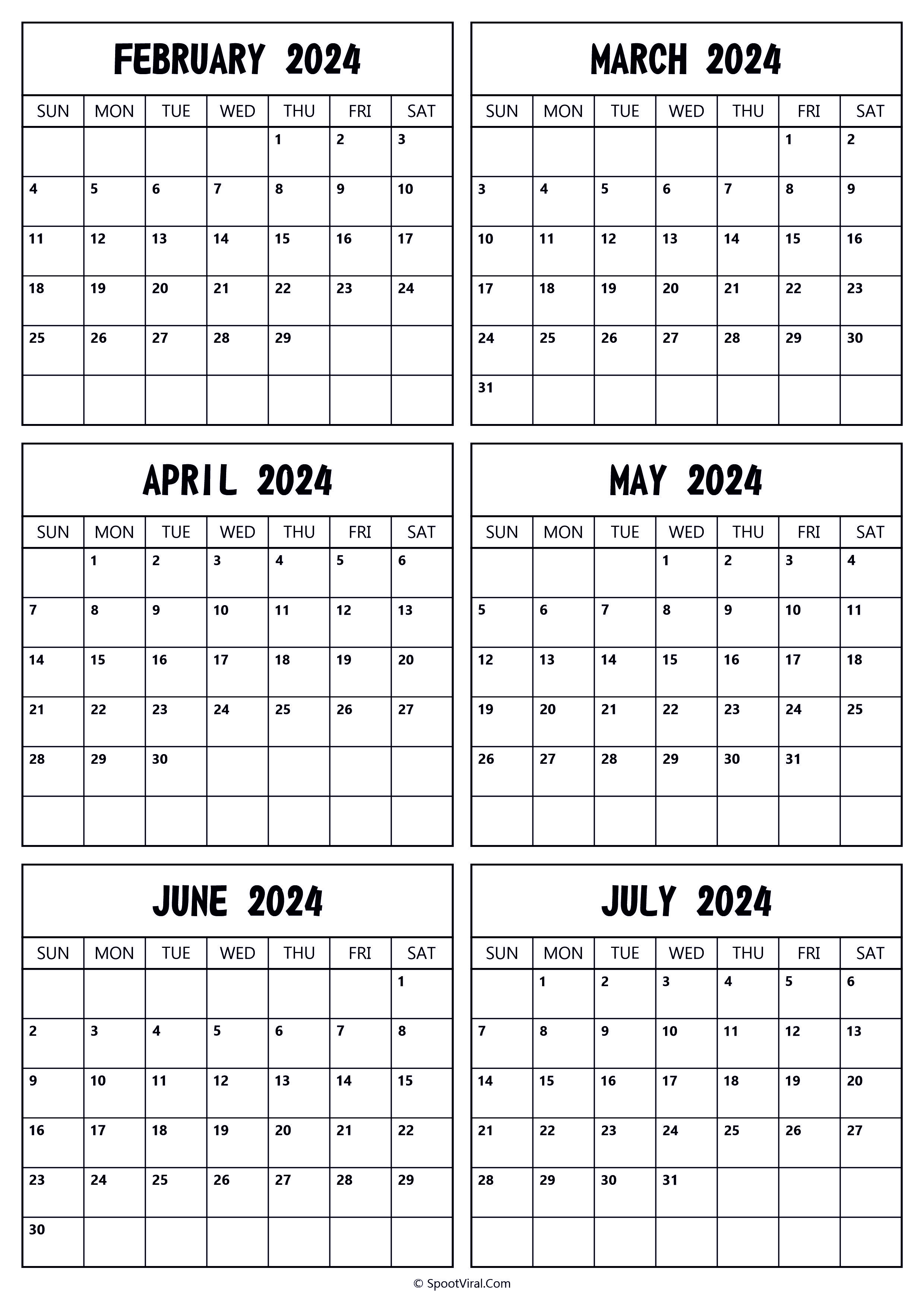 2024 February to July Calendar