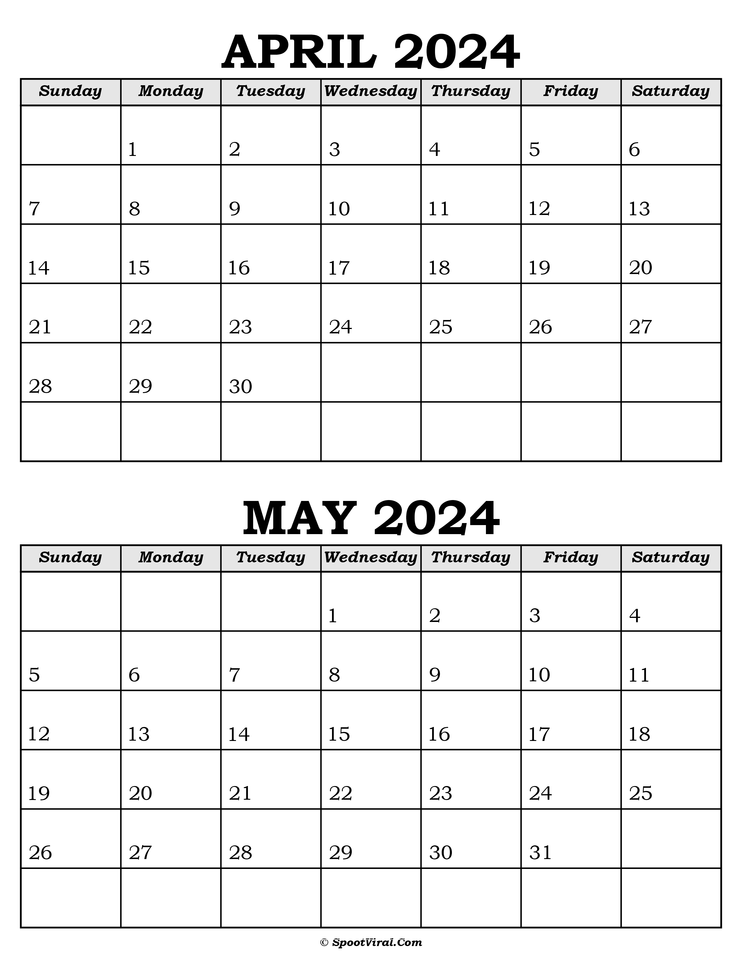 April and May Calendar 2024
