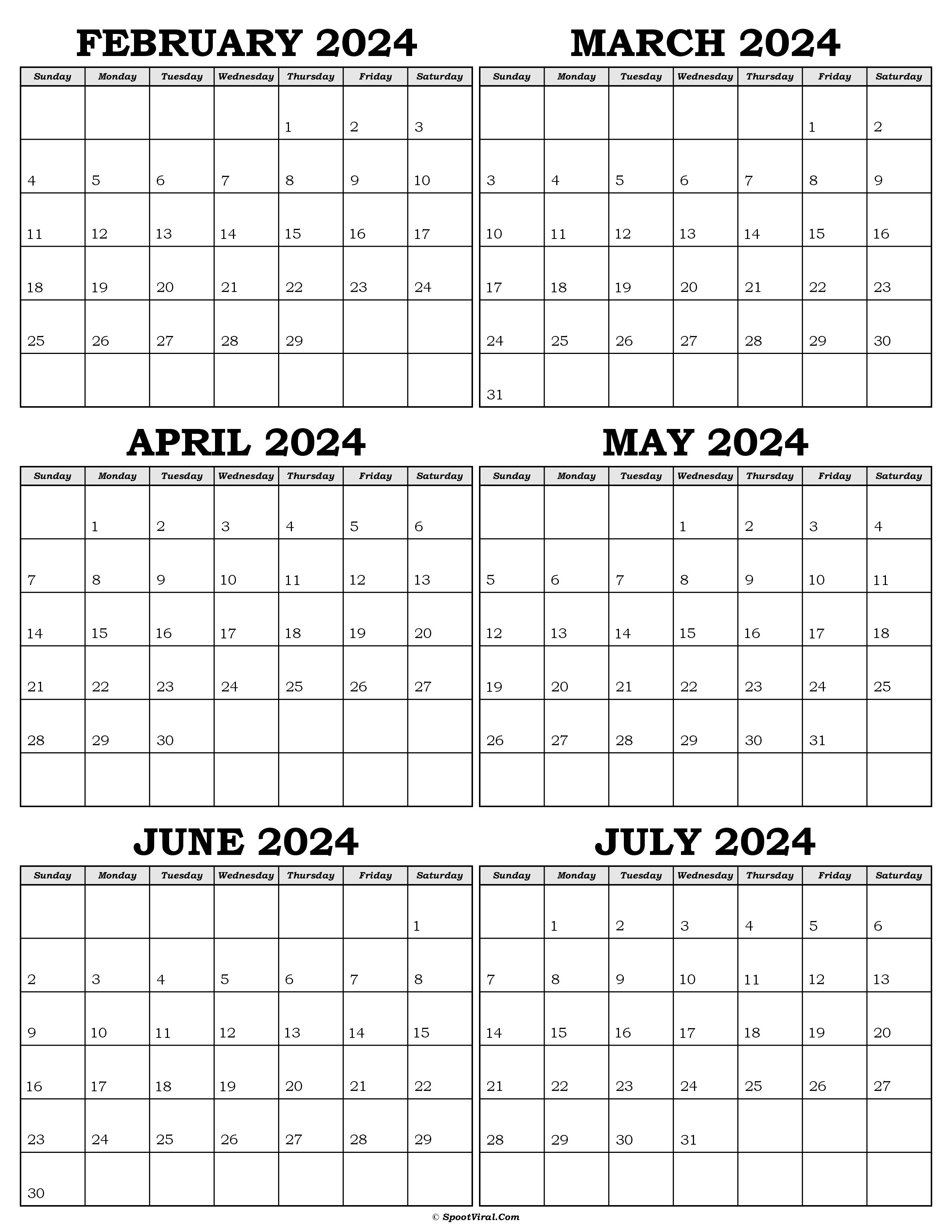 Calendar February to July 2024