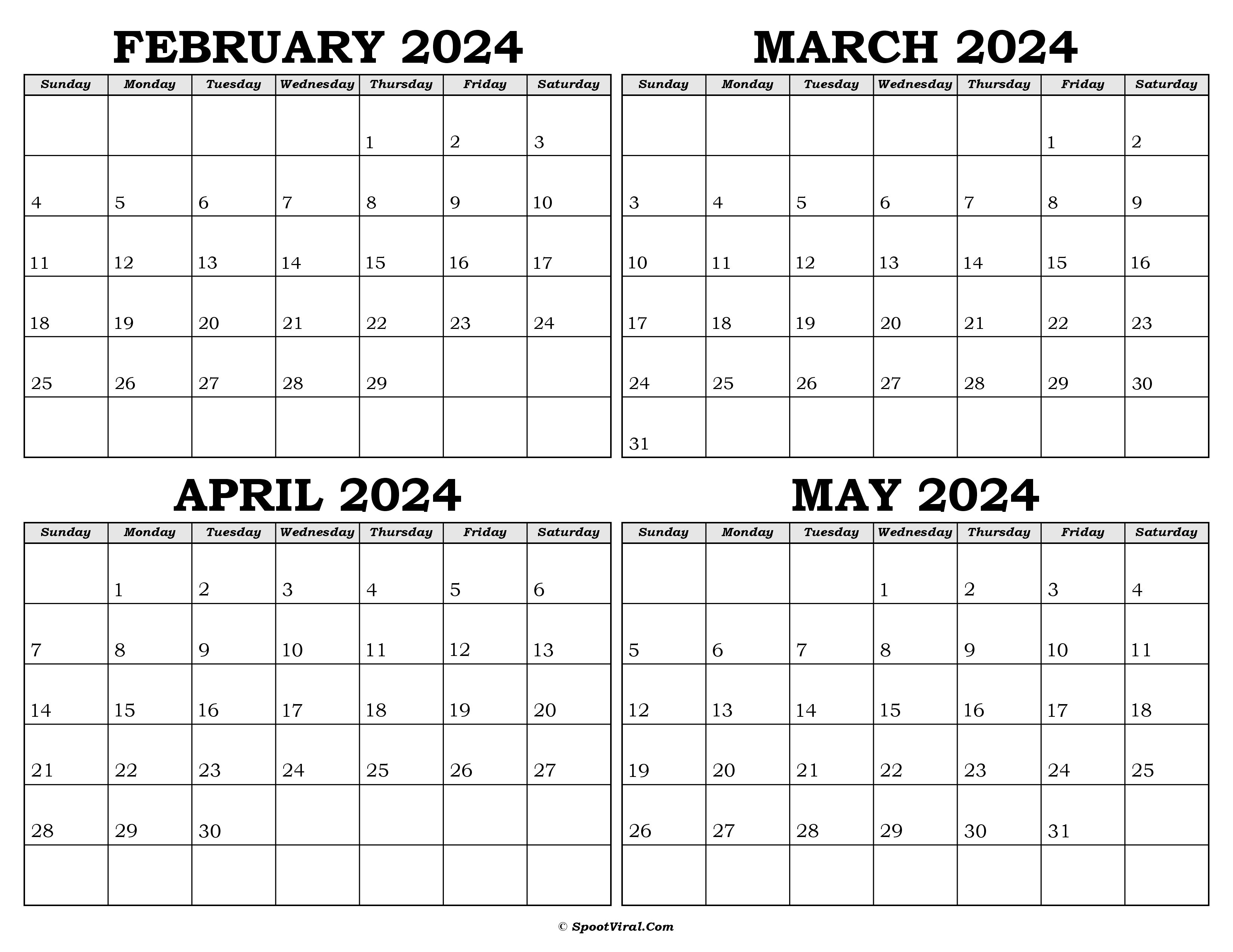 Calendar February to May 2024