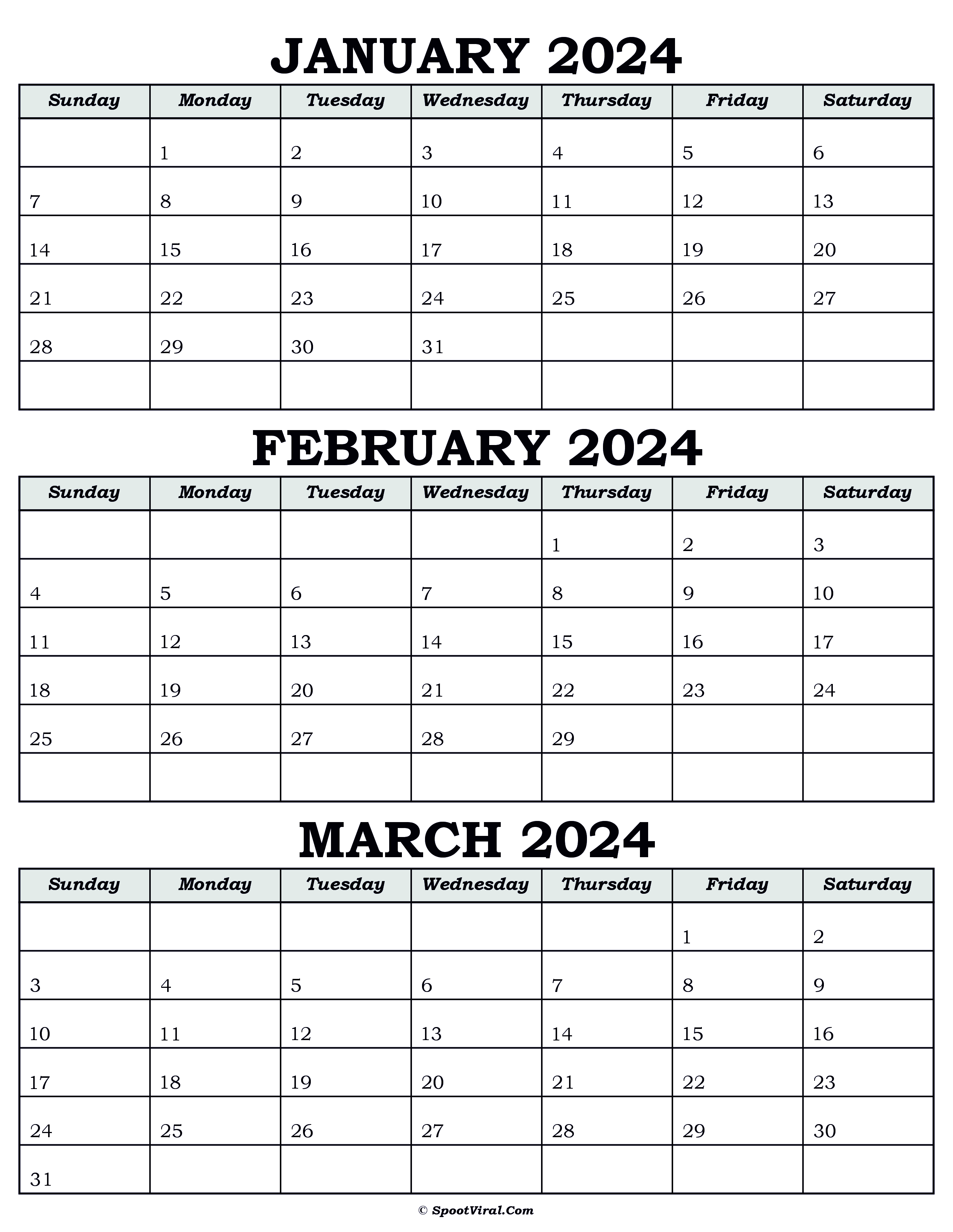 Calendar January February March 2024