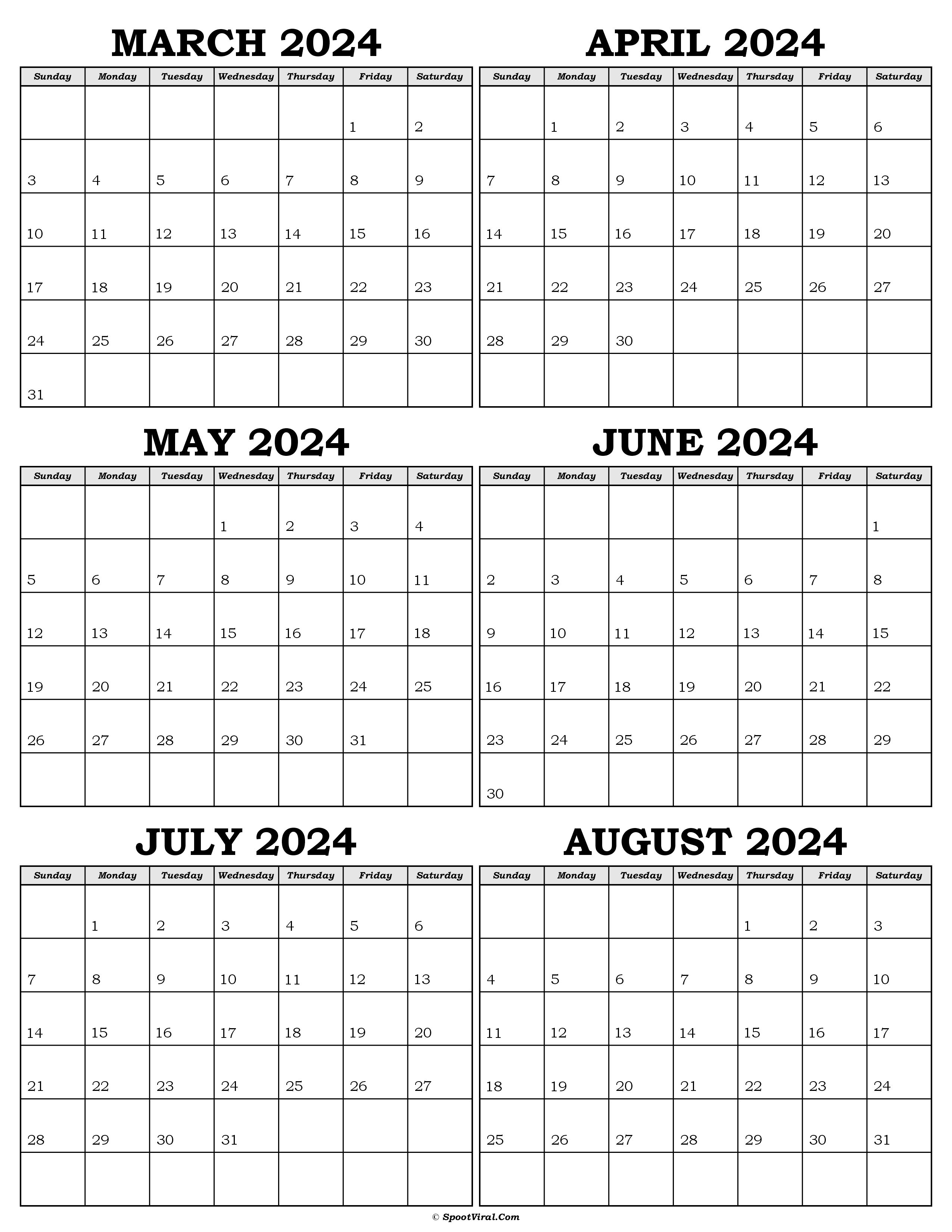 Calendar March to August 2024