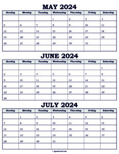 Calendar May June July 2024