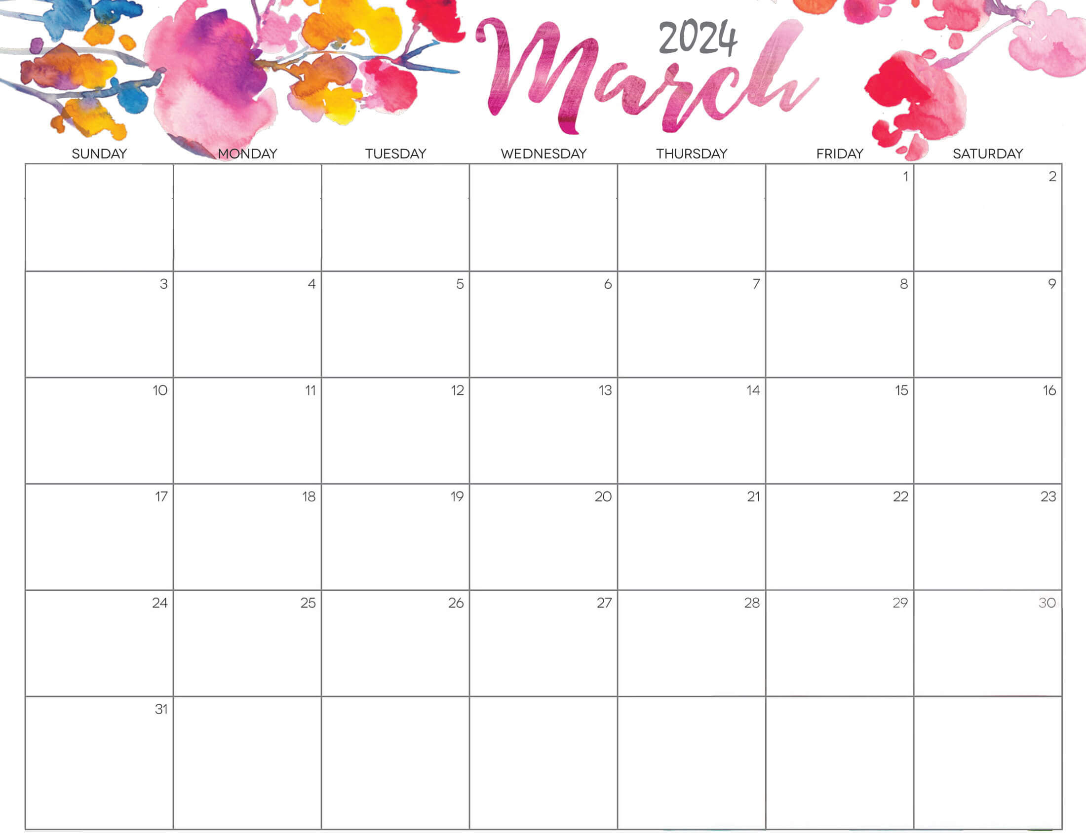 Cute March Calendar 2024 Printable