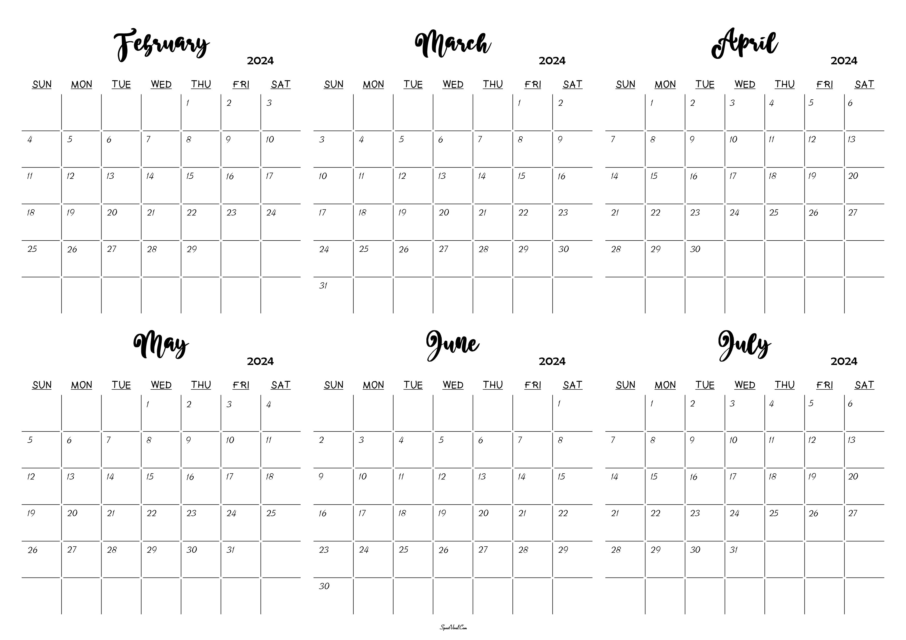 February to July 2024 Calendar