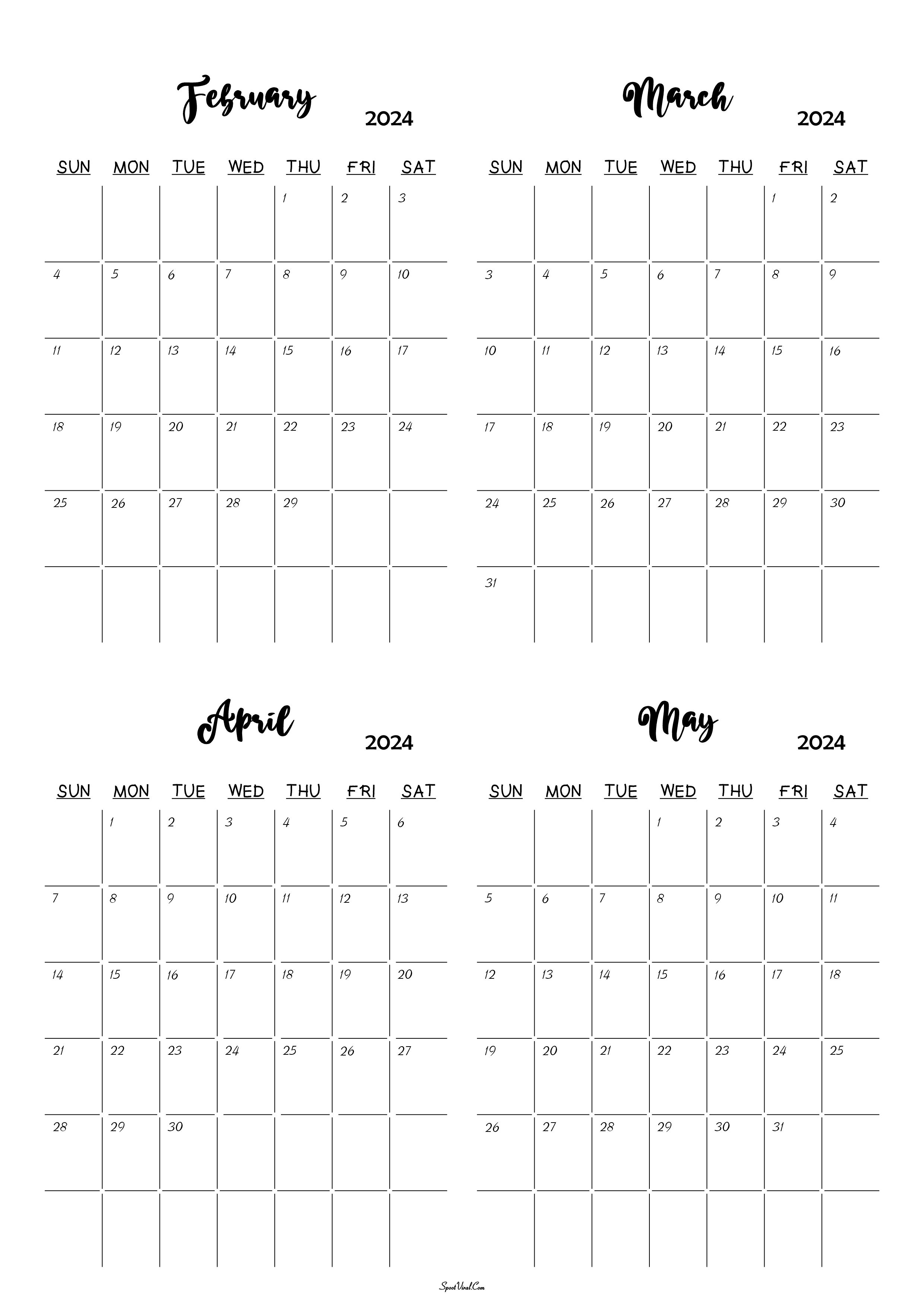 February to May 2024 Calendar