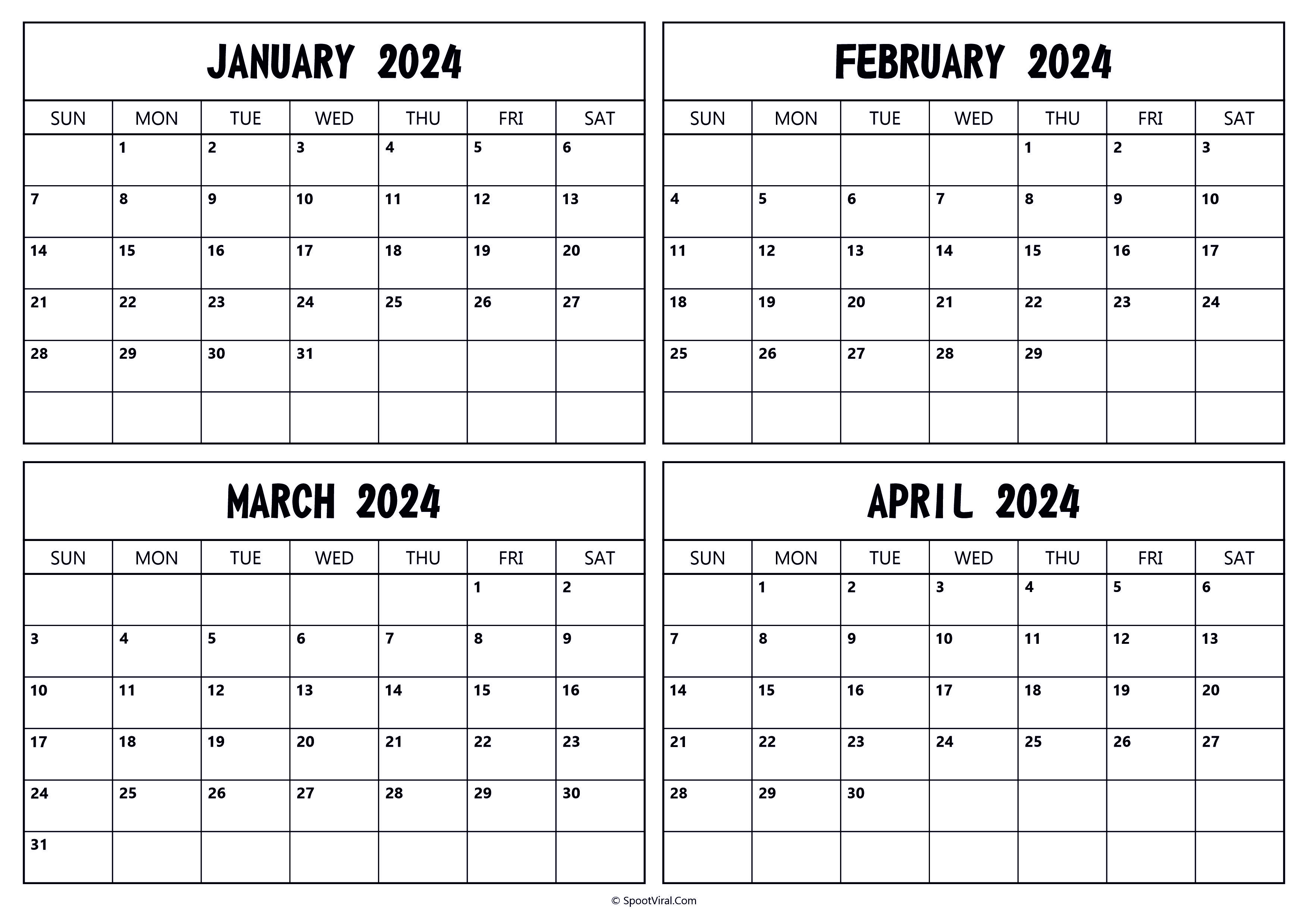 January To April 2024 Calendar Templates SpootViral