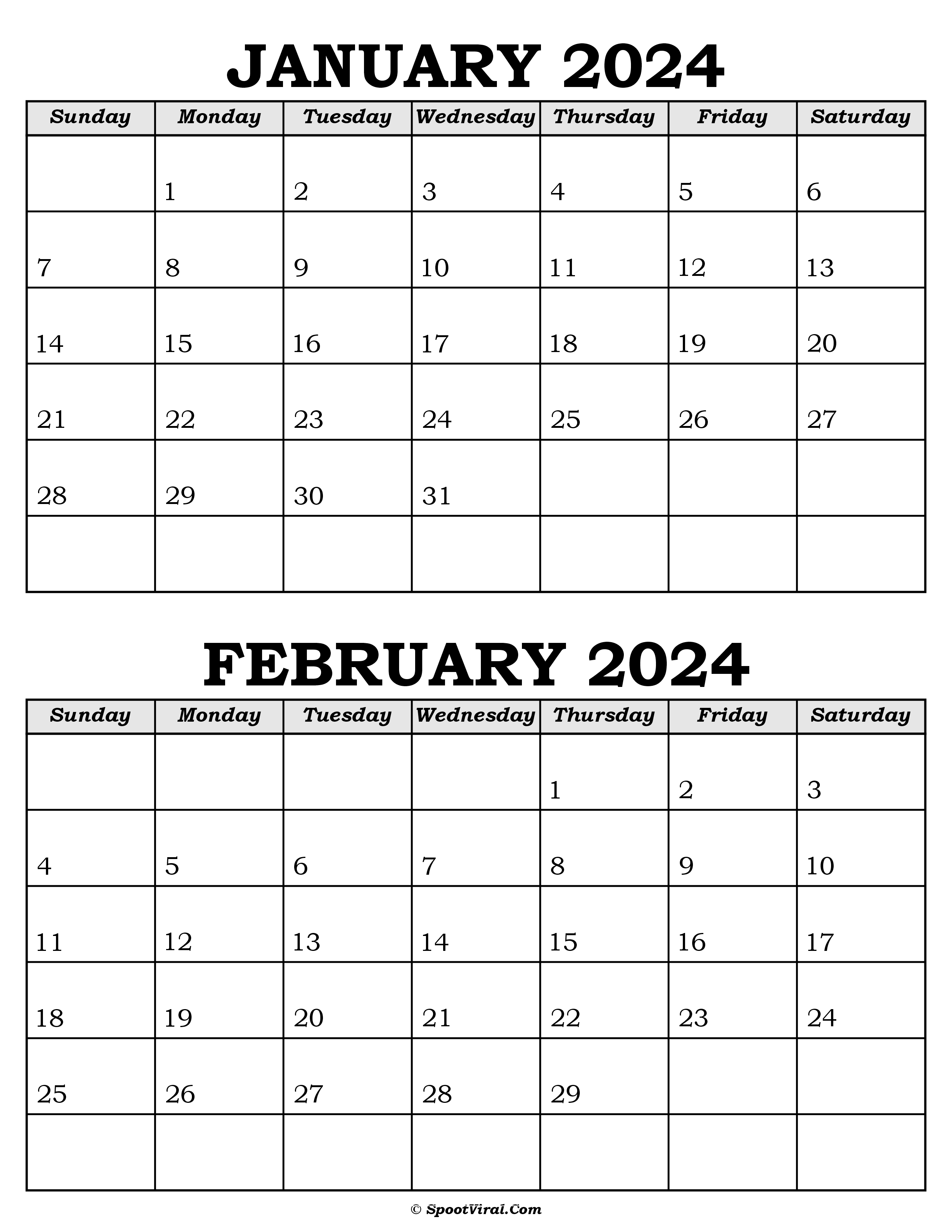January and February Calendar 2024