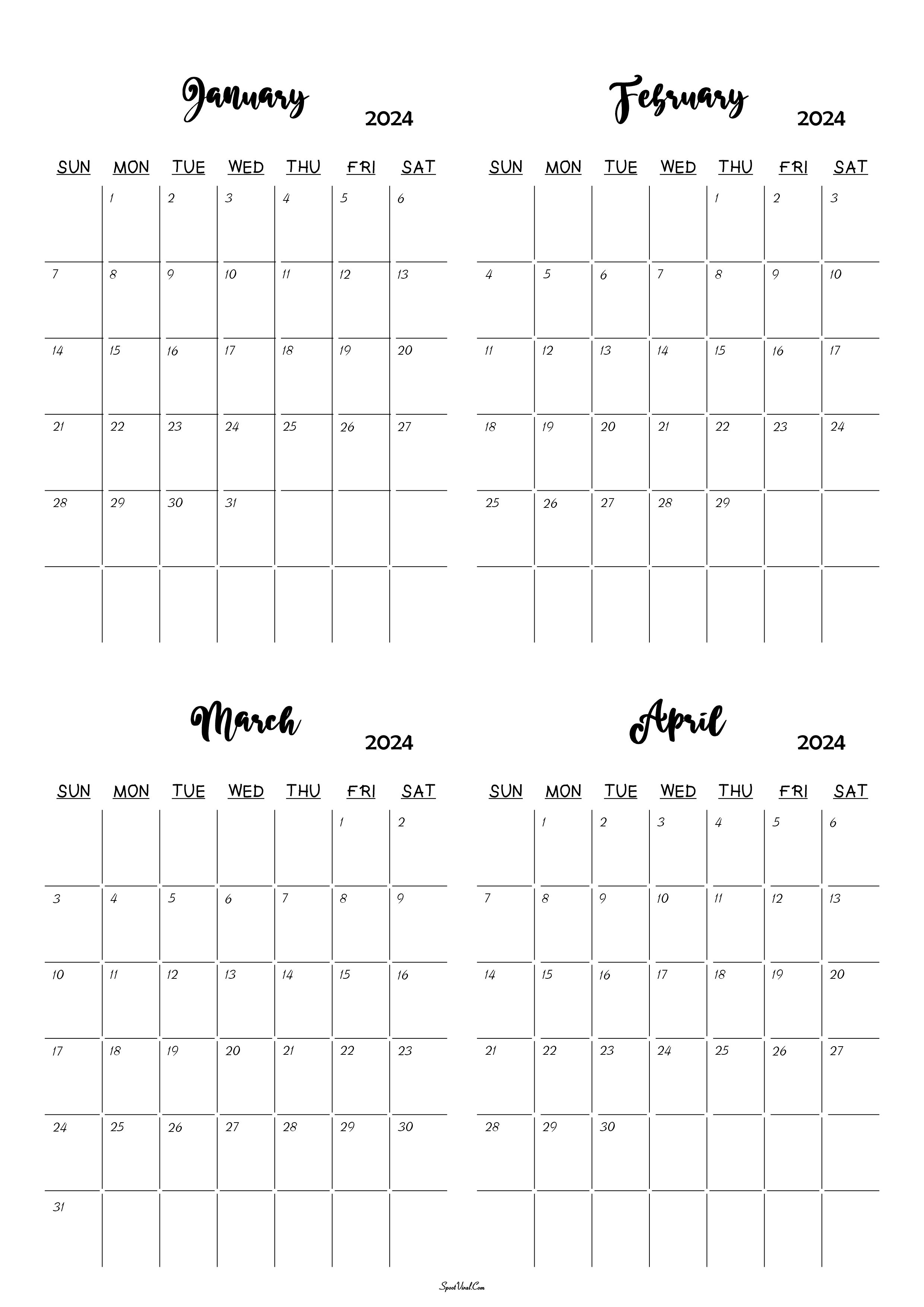 January to April 2024 Calendar