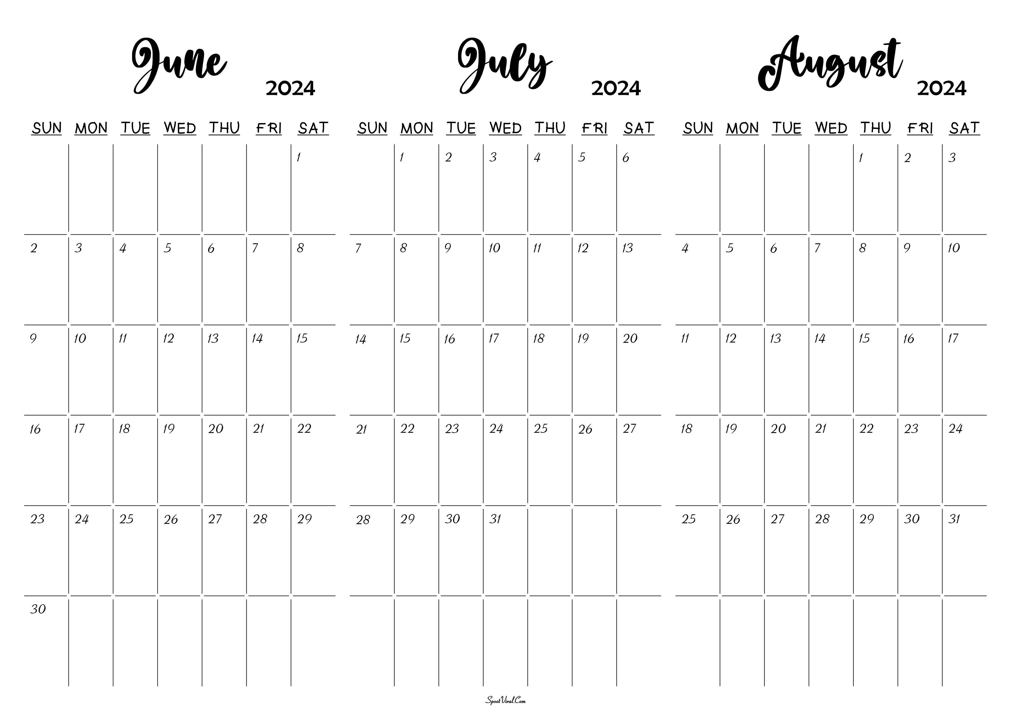 June July August 2024 Calendar