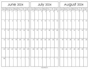 June July and August Calendar 2024