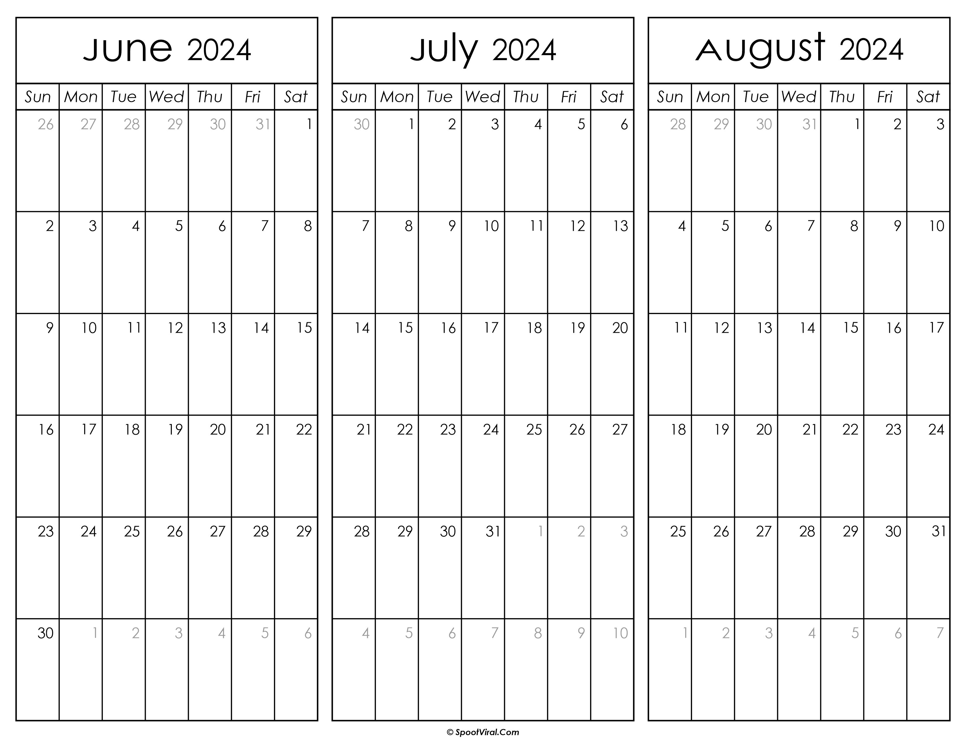 June July and August Calendar 2024