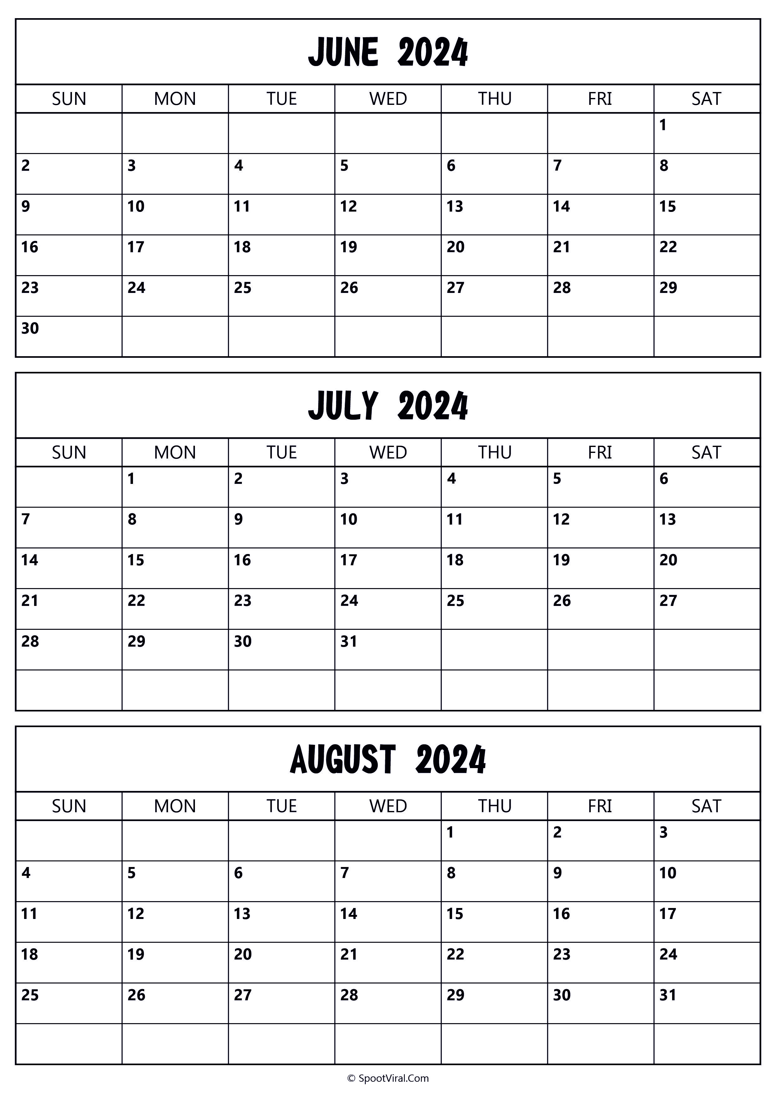 June to August 2024 Calendar