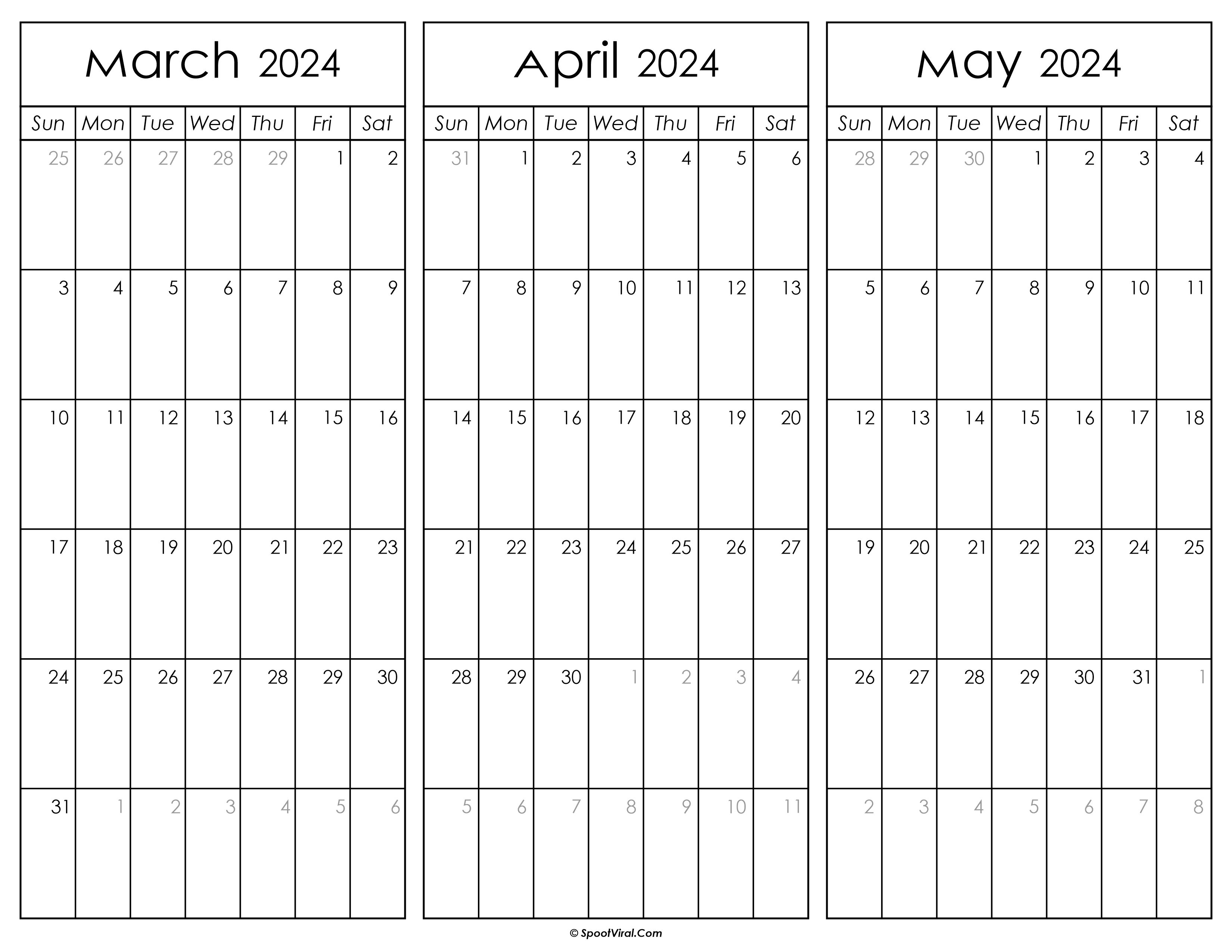 March April and May Calendar 2024