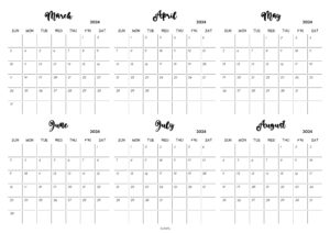 March to August 2024 Calendar