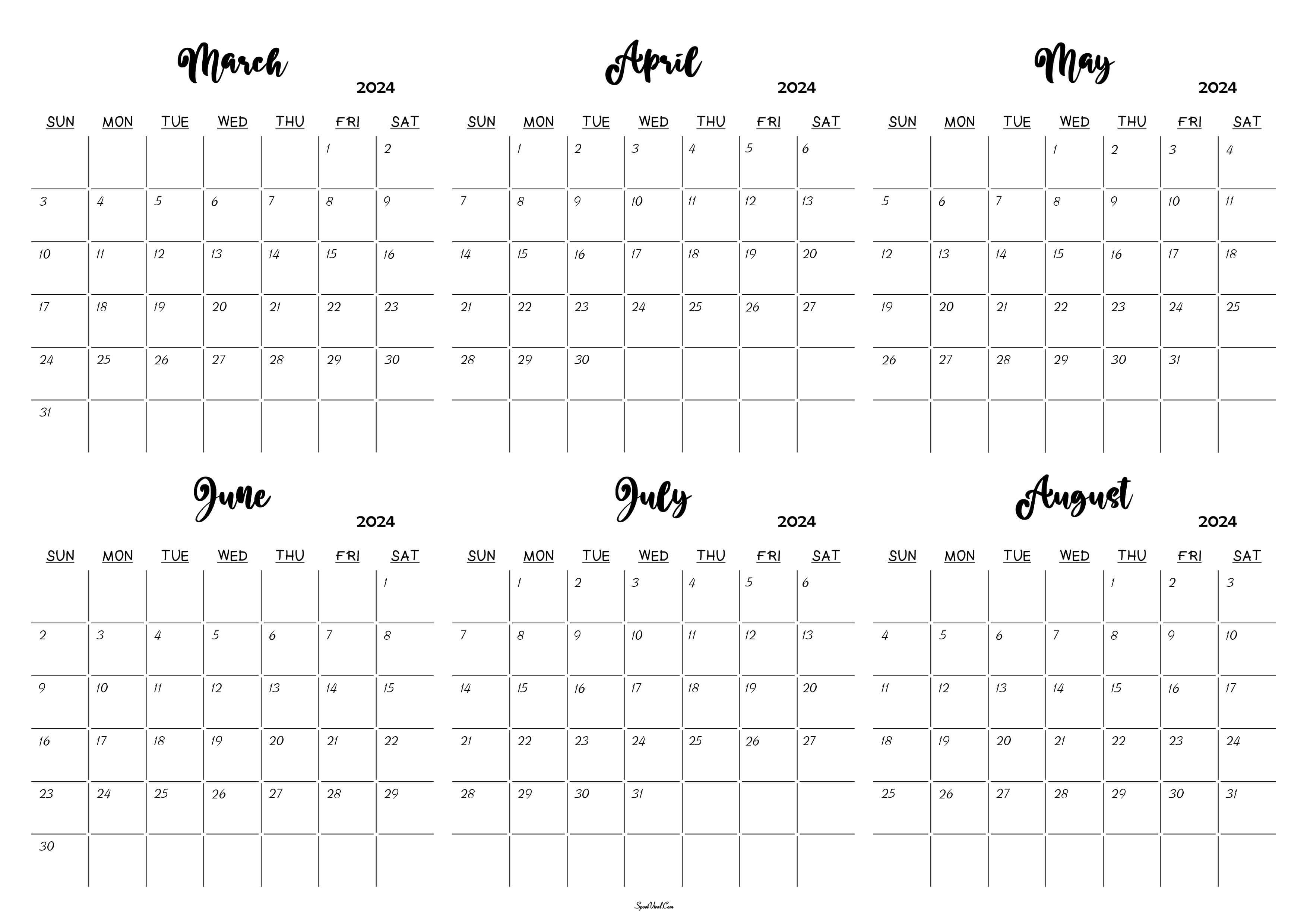 March to August 2024 Calendar