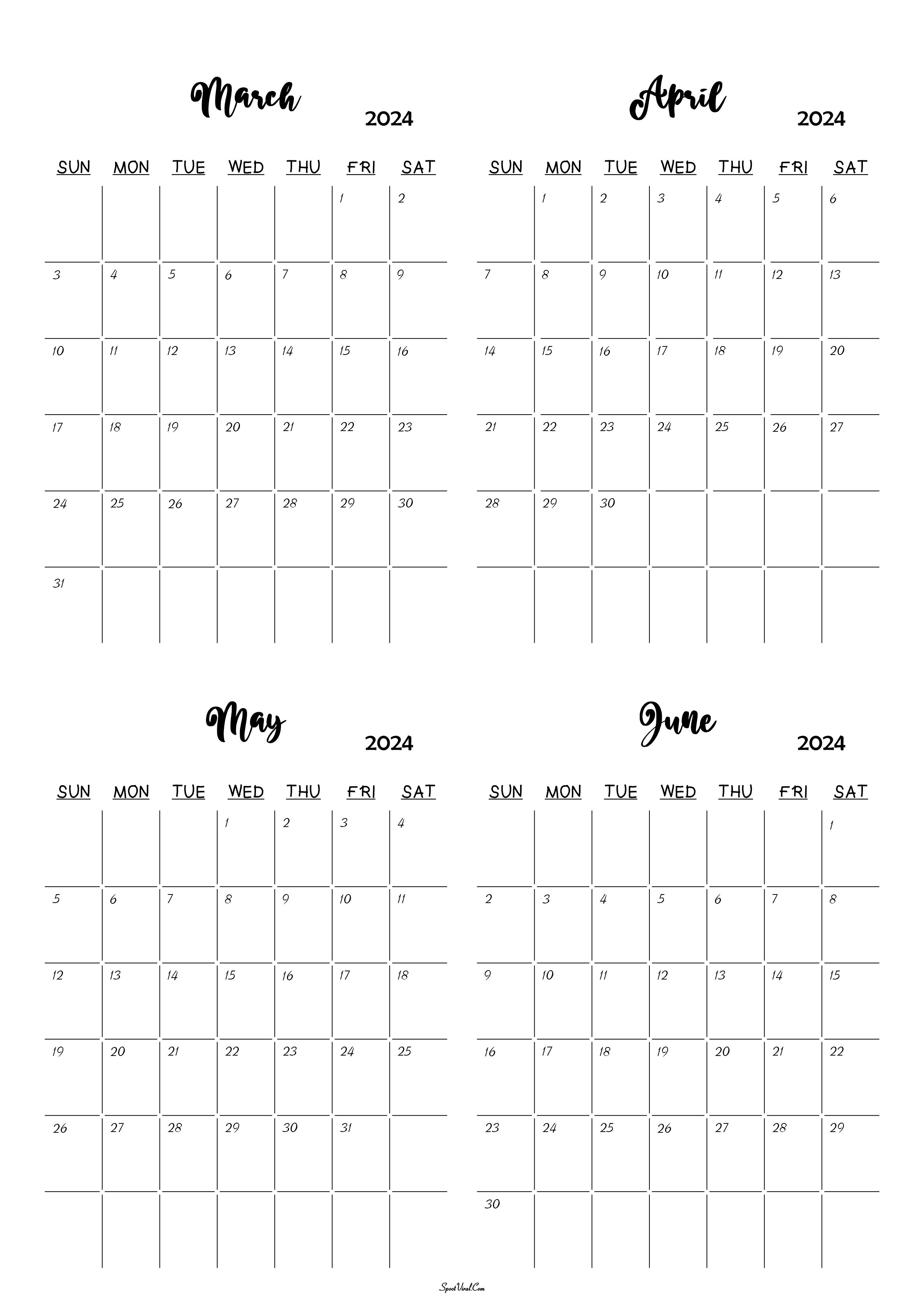 March to June 2024 Calendar