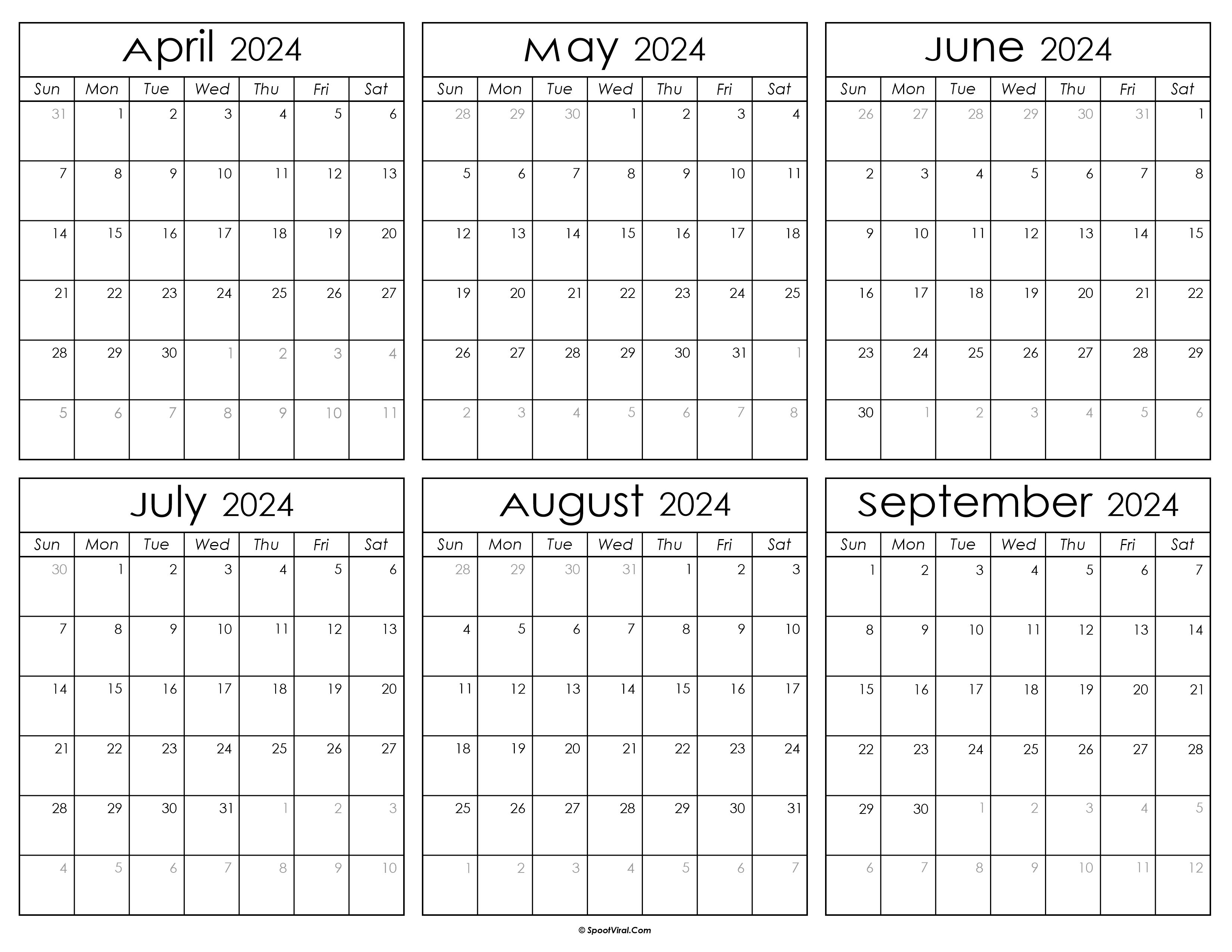 Printable April to September Calendar 2024