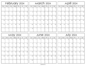 Printable February to July Calendar 2024
