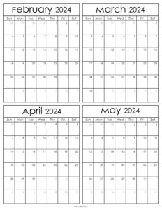 Printable February to May 2024 Calendars