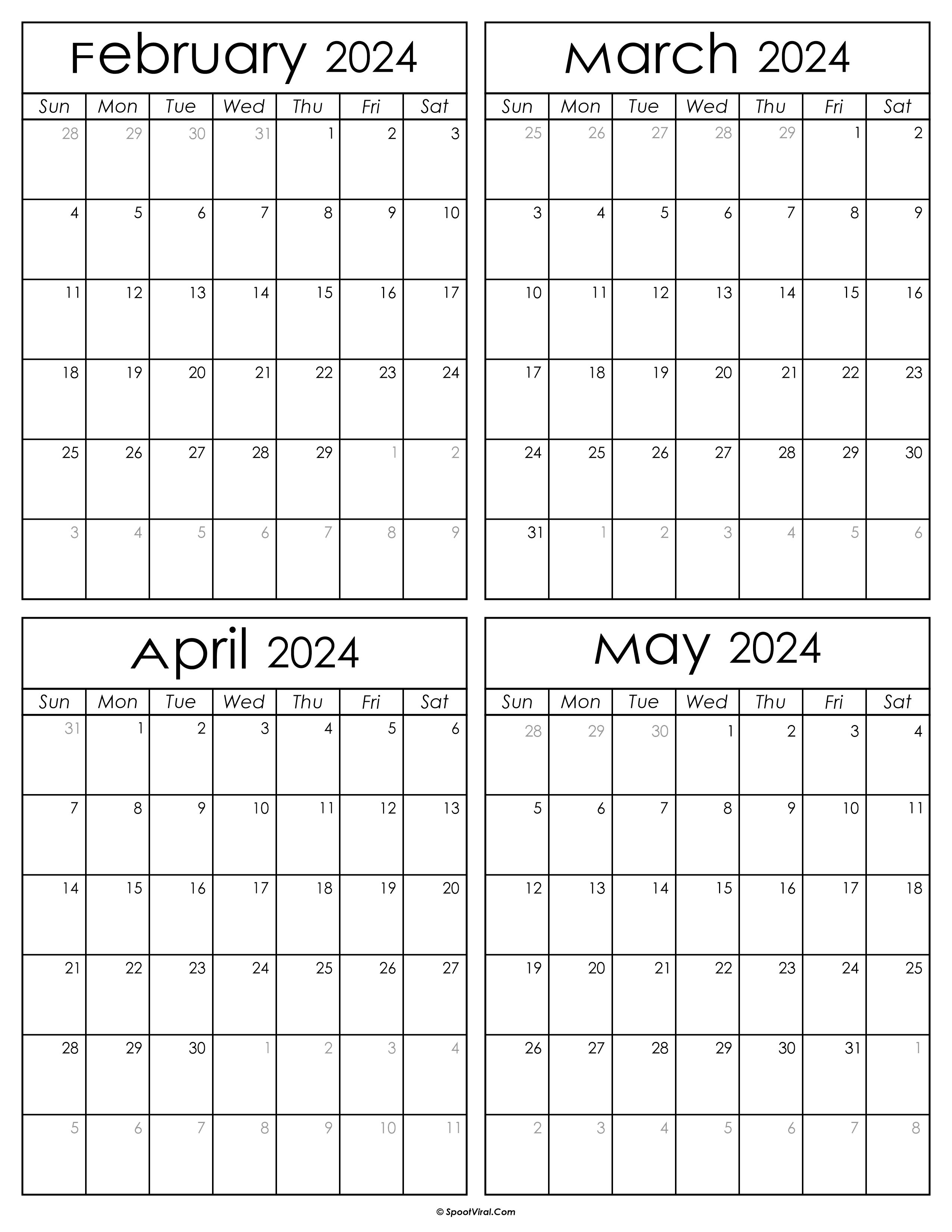 Printable February to May 2024 Calendars