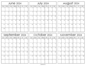 Printable June to November Calendar 2024
