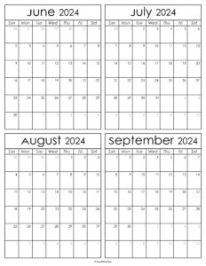 Printable June to September 2024 Calendars