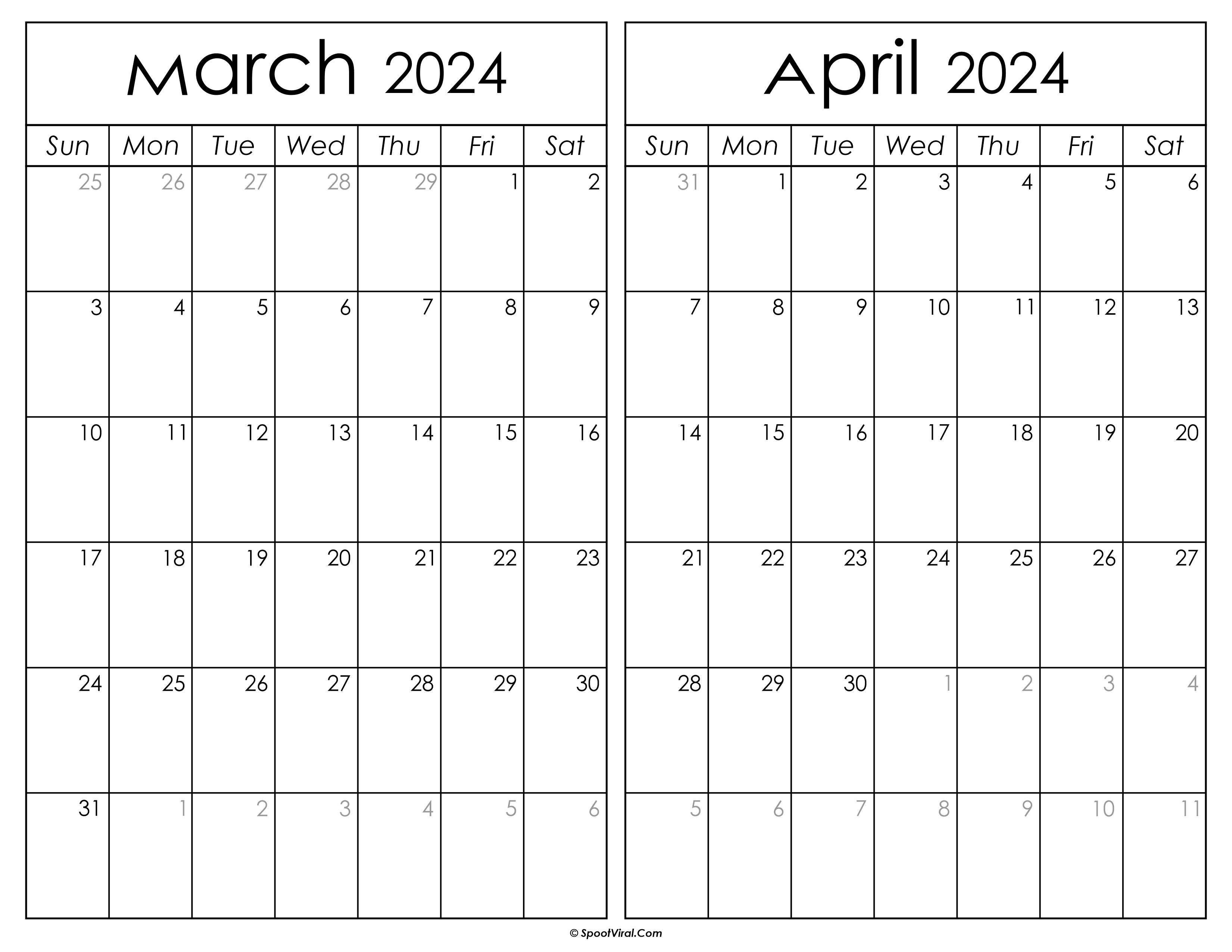 Printable March April 2024 Calendar