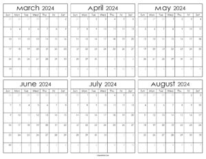 Printable March to August Calendar 2024