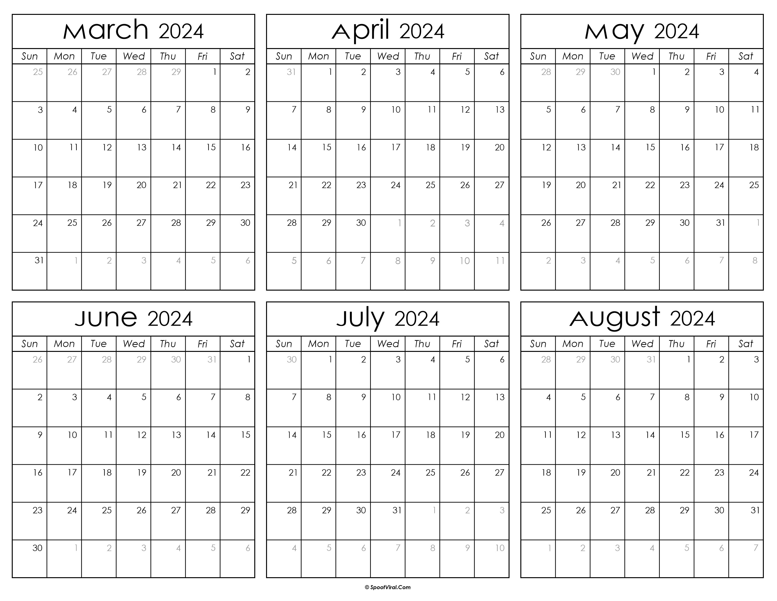Printable March to August Calendar 2024