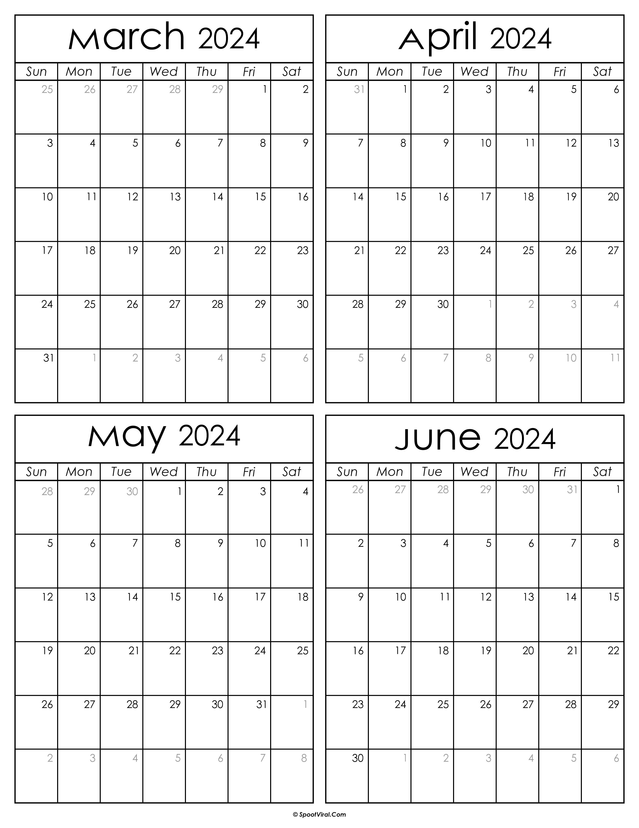 Printable March to June 2024 Calendars