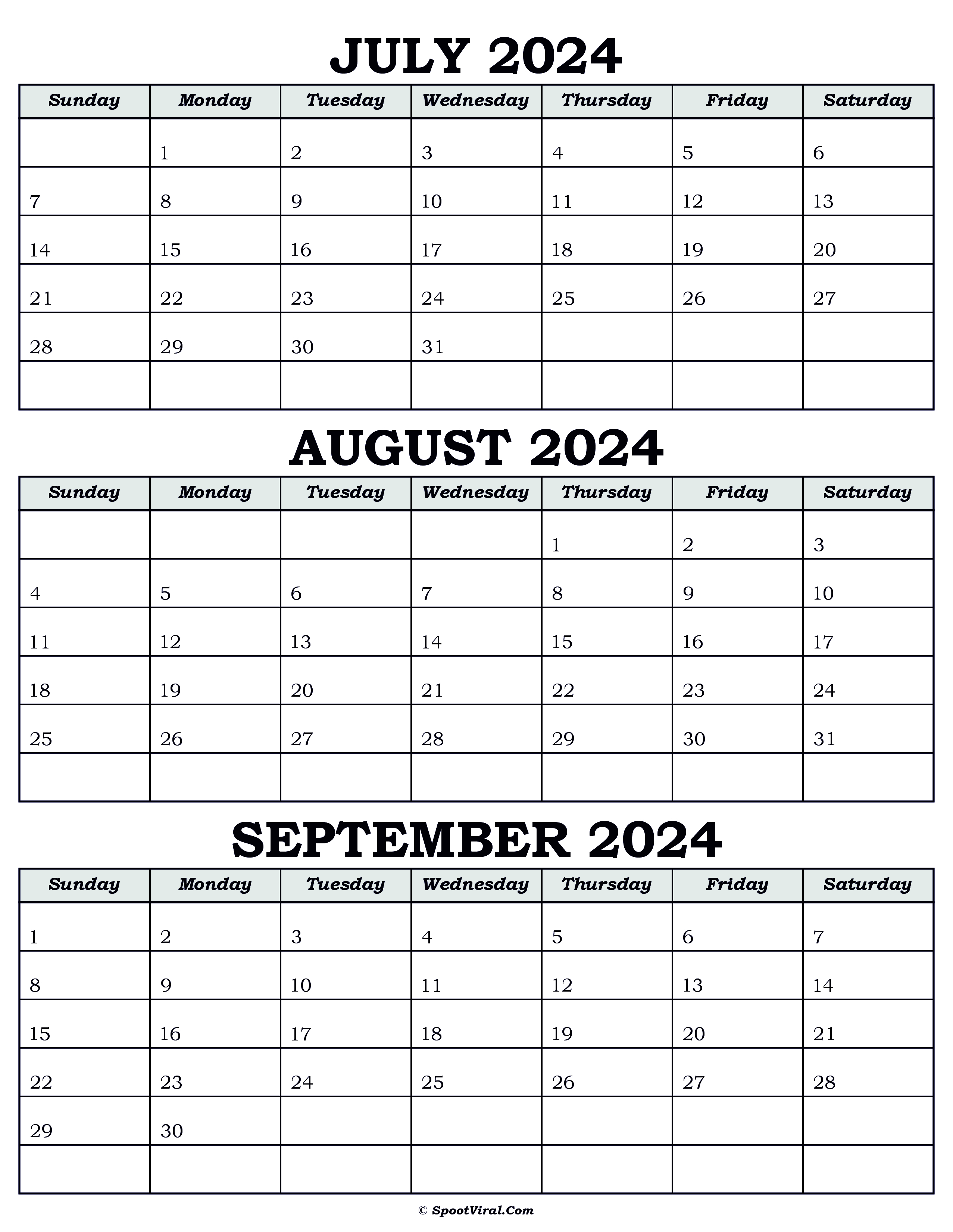 Calendar July August September 2024