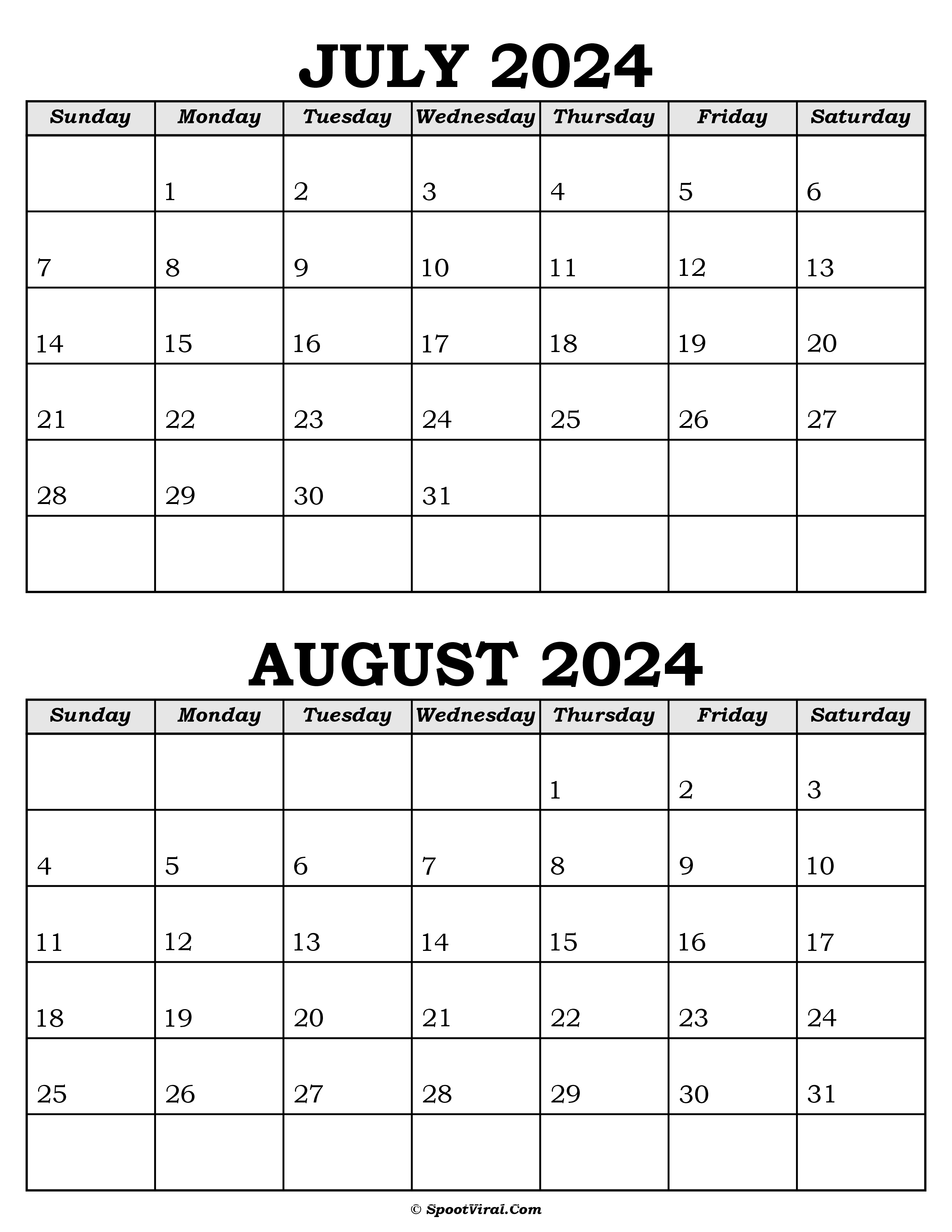 July and August Calendar 2024